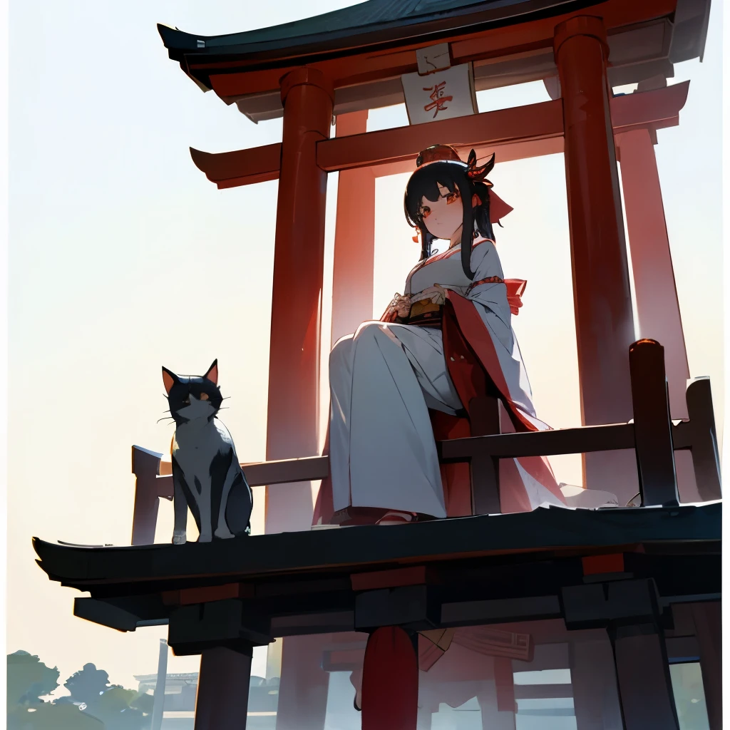A beautiful Japanese-style shrine maiden and a beautiful cat are looking at the scenery on top of the shrine