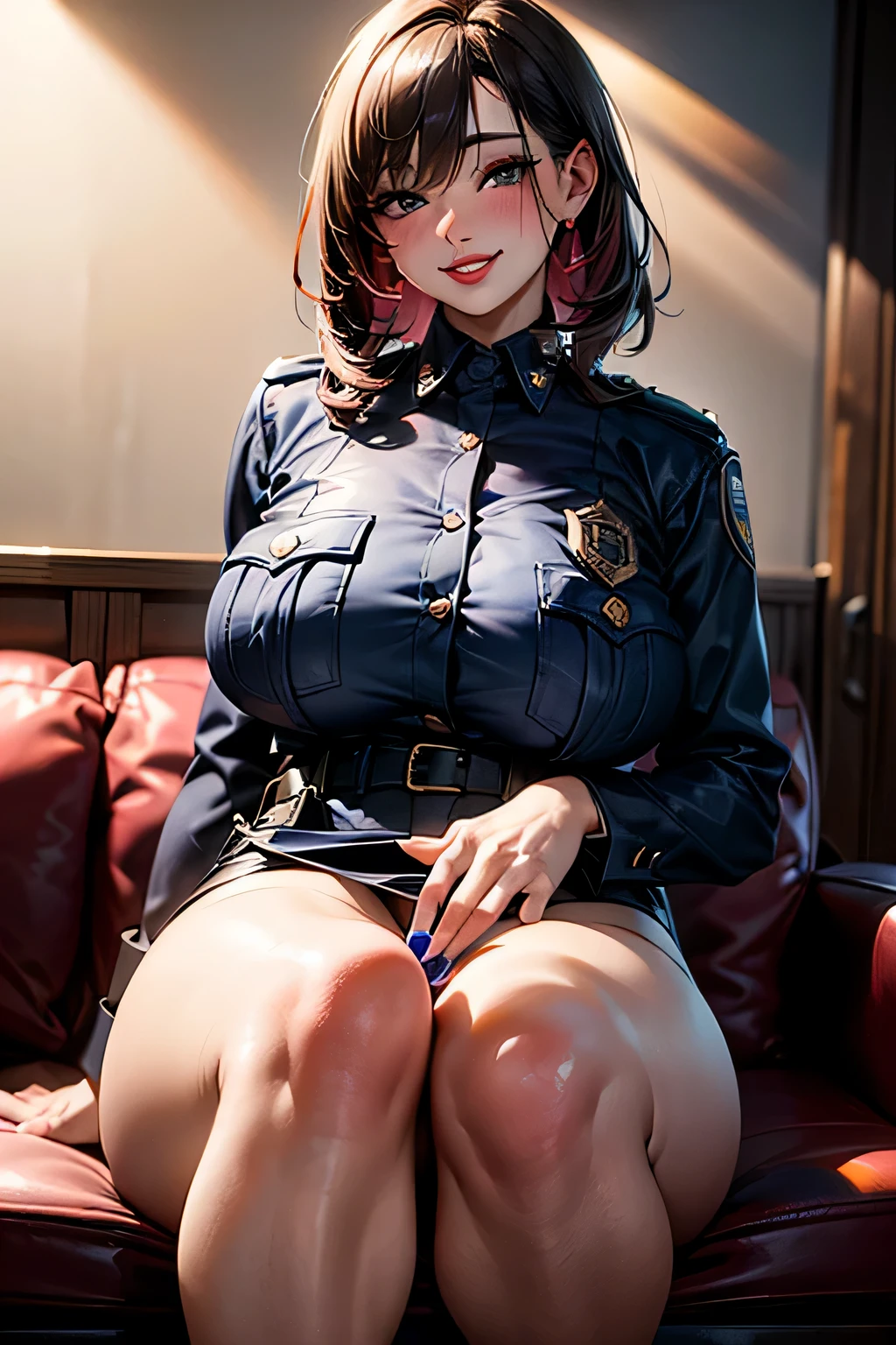 1 beautiful mature slut, alone, gorgeous face, (blush)、((wearing a police uniform)), grin and laugh、red lips, eye shadow, eyeliner, ((open crotch)), With a butt like that, huge breasts, thighs thighs, please sit down、pink bob hair, lingerie, (masterpiece, highest quality, 8k, realistic)