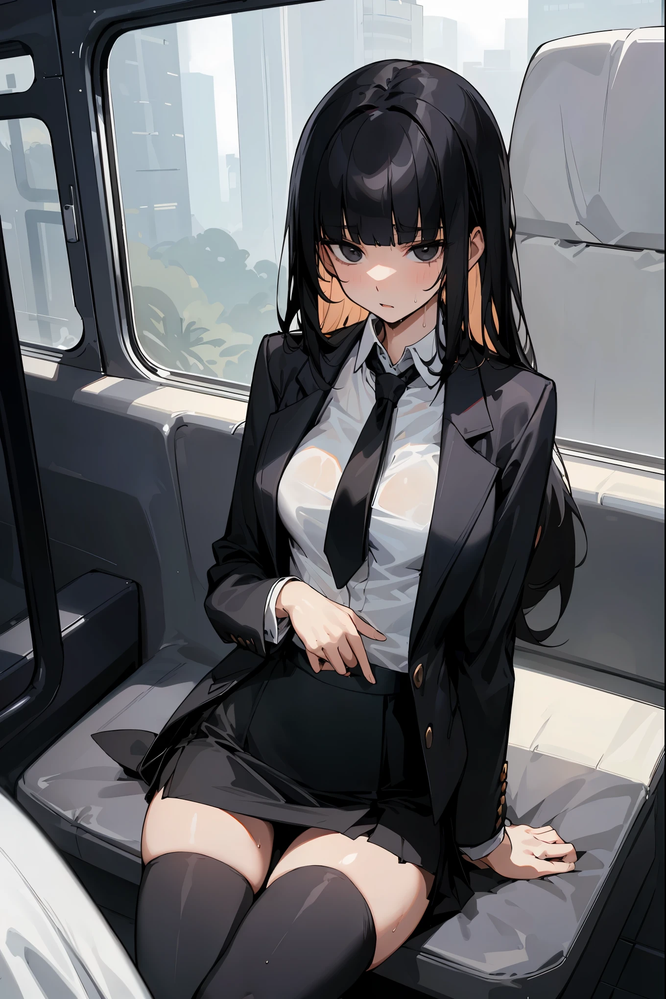 masterpiece,best quality,1woman solo,cowboy shot,20 year old beauty、black hair,long hair,blunt bangs,black eyes,shy look、ideal ratio body proportions,slender body,medium breasts,gleaming skin,Perfect Anatomy:1.2,sitting,sweat,wet crotch,(black blazer jacket、white shirt、black tie、black tight skirt、mini skirt、thigh_gap, black_thighhighs),train、Inside the car、seat、congestion、Tokyo、