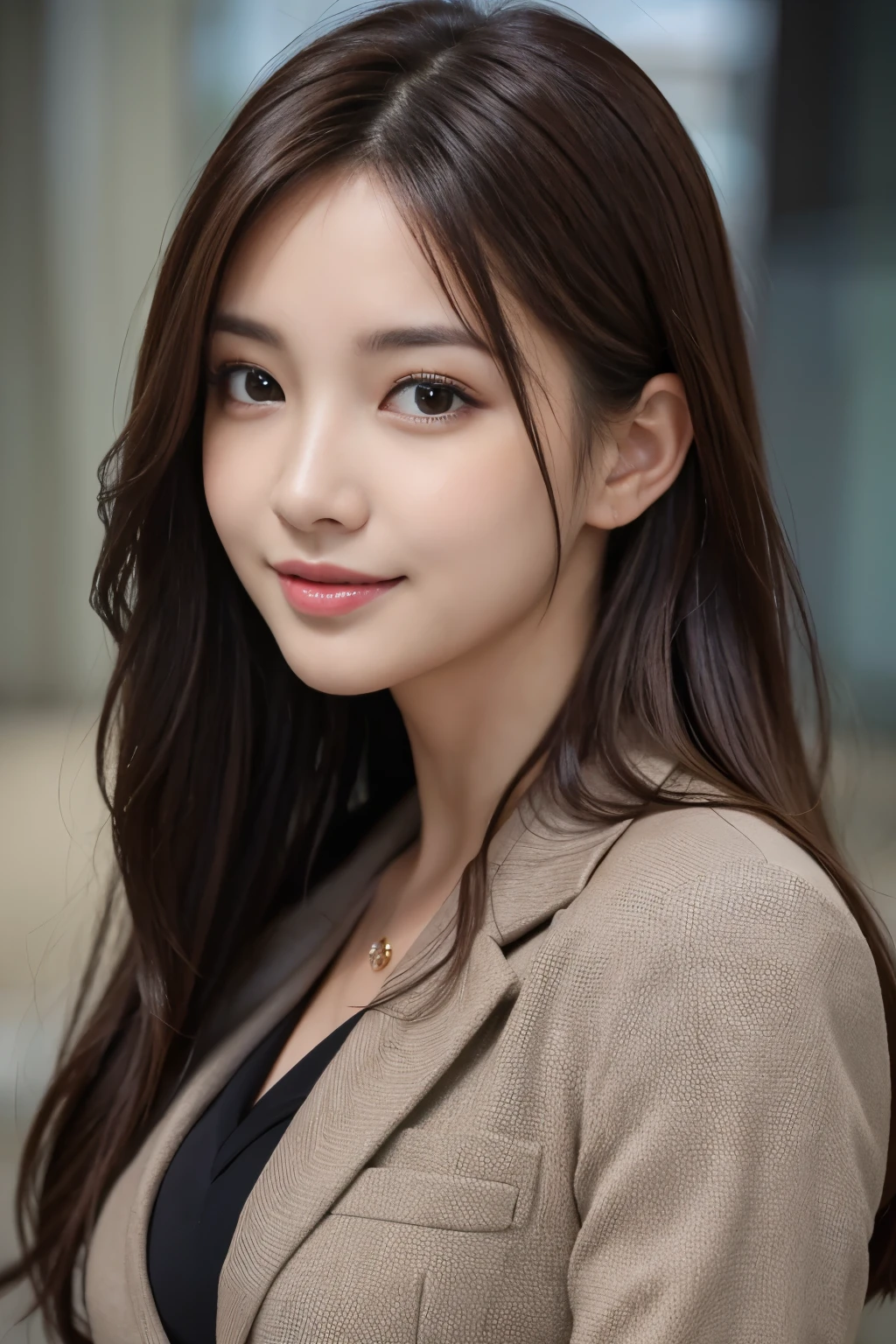 ulzzang-6500-v1.1,(8K, Best Quality, Masterpiece: 1.2),table top, highest quality, realistic, super detailed, finely, High resolution, 8k wallpaper, 1 beautiful woman,, light brown messy hair, (wearing a business suit,:1.5) smile, perfect dynamic composition, detailed and beautiful eyes, fine hair, Detailed and realistic skin texture, smile, close-up portrait, model body shape、larger breasts
