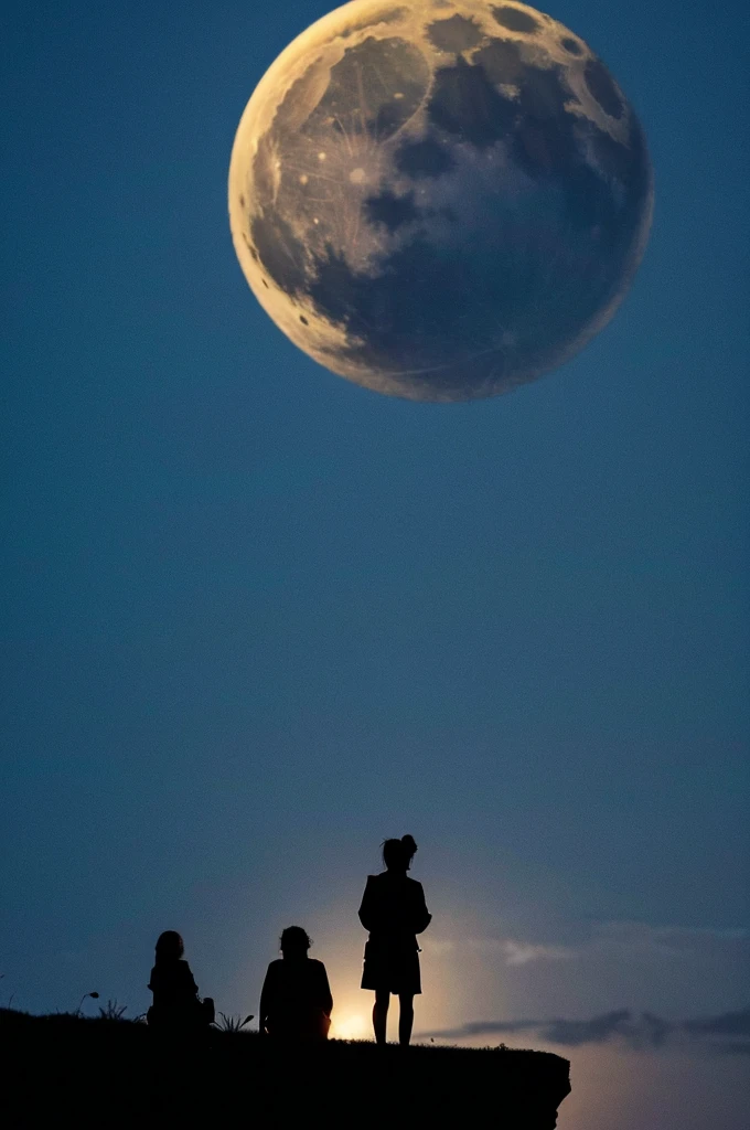 highest quality,big moon and shadow,A silhouette of a person can be seen against the background of the big moon.,There is one full moon,There is a mood,beautiful scenery