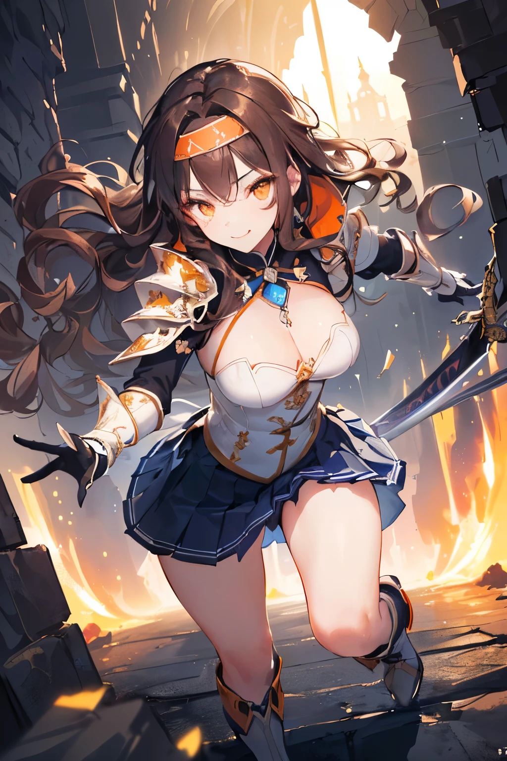(((1girl))), ((best quality)), ((masterpiece)), ((ultra-detailed)), (illustration), (detailed light), (an extremely delicate and beautiful), (beautiful detailed eyes), (sunlight), ((extremely light)), ((extremely clothes)), (((hyper detail))),(((((front lighting))))),(((((front light))))),
((((quite adorable and more sexy light armor with a pleated skirt and magical headband)))), (((Novice soldier))),
,
(((wavy long hair))), ((((dark brown hair)))), (((long hair))),
(((deep orange eyes))),
((((whole body)))), aged 5 to 8, ((((())))), ((((very adorable young girl)))),
((condescending expression)), ((mischievous smile with sexual satisfaction)), (((extra adorable))), (((((extra slender shape))))),
(((((extremely beautiful detailed face))))),
(((dynamically and bravely attacking enemies by a sword))), (((elegant magic boots))),
(Dutch angle), (((elegant magic gloves))), ((transparent magical underskirt)), (a little bit exposed adorable magical panties)