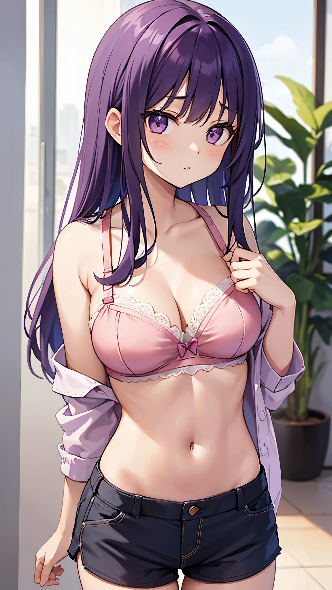 a woman standing and looking off to the side dressed in a pink bra top, 1girl, solo, long hair, underwear, purple hair, bra, breasts, shorts, navel, looking at viewer, cleavage