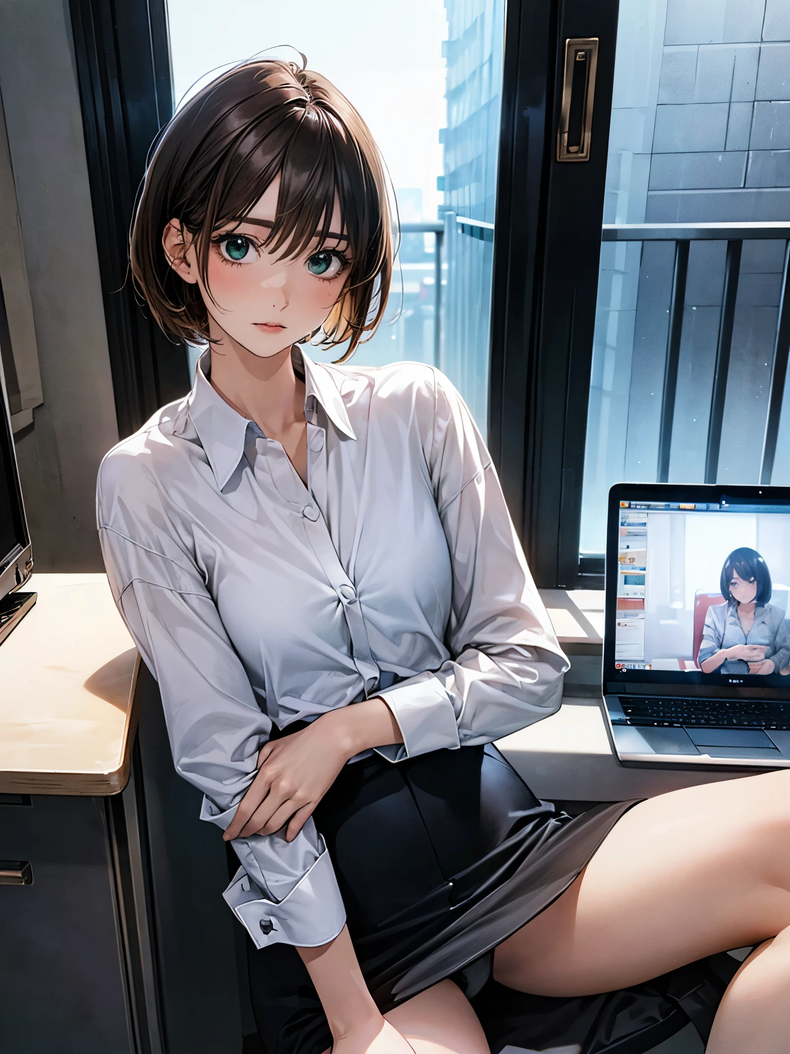 (masterpiece:1.2, top-quality), (realistic, photorealistic:1.4), beautiful illustration, (natural side lighting, movie lighting),
looking at viewer, (panty shot), 1 girl, japanese, 18 years old, perfect face, perfect body, cute and symmetrical face, shiny skin, babyface,
(short hair, bob cut, long sideburns, light brown hair), hair between eyes, emerald green eyes, (middle breasts, seductive thighs), slender,
beautiful hair, beautiful face, beautiful detailed eyes, beautiful clavicle, beautiful body, beautiful chest, beautiful thigh, beautiful legs, beautiful fingers,
(((black business jacket, close clothes), white collared shirt, black tight skirt), white panty, bare legs),
(beautiful scenery), evening, (computer office), sitting floor, put own hands on the floor, spread legs, raise own knees, (surprised),