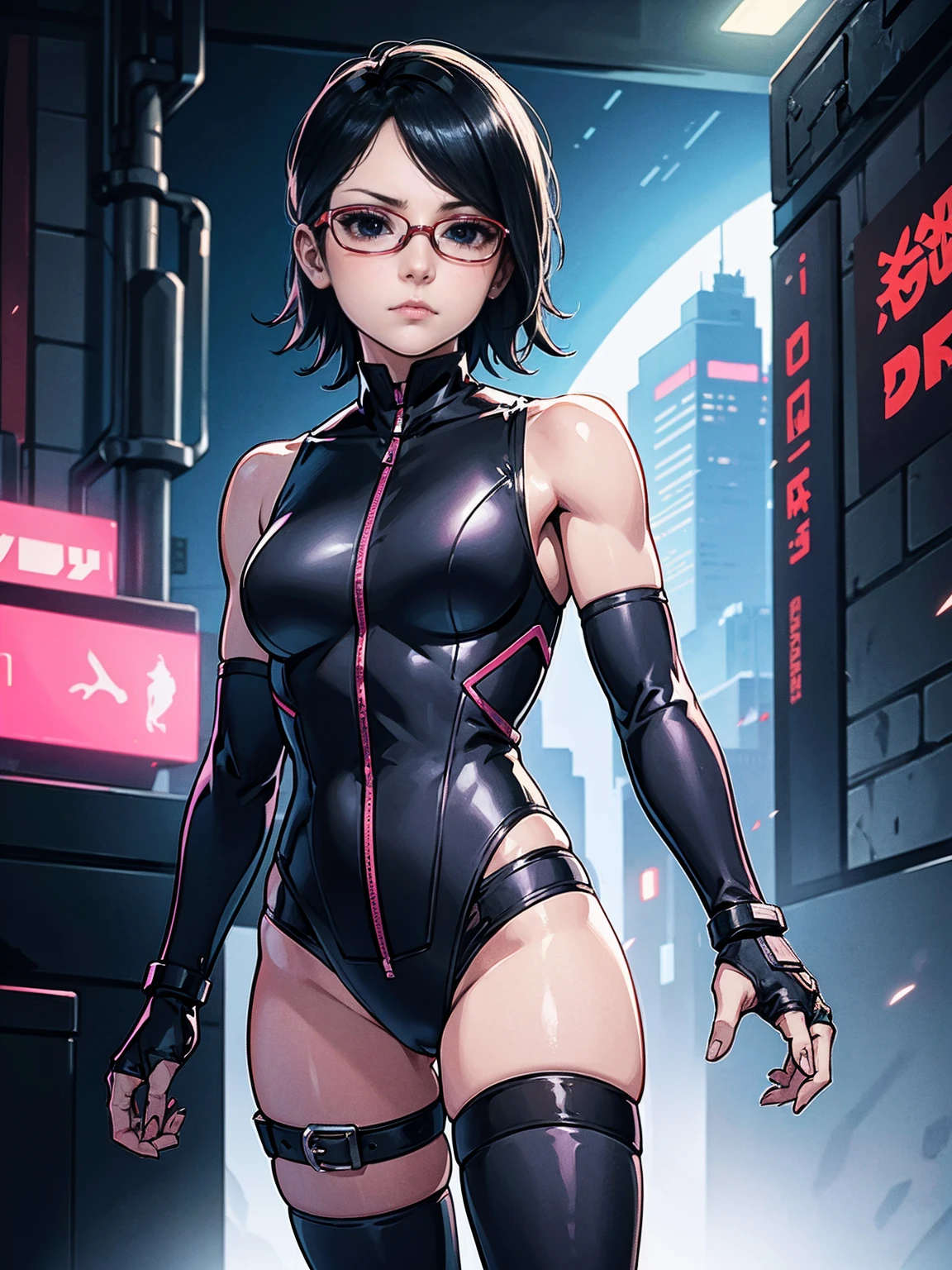 (Original, small , 1girl, solo), (very detailed wallpaper) , (best quality) , (work of art) ,struggling posture, artistic dedication, very detailed illustrations, (pink lipstick) , beautiful eyes, (Delicate Face) , perfect detail, (best lighting ), (super complex details), ((Alone, Sarada Uchiha, ((black eyes)), (wearing glasses, short hair, serious facial expression), Staring, confident)), (((black armor, dark armor, F41Arm0r, Fae Armor, daedricarmor, darkness shild, cyberpunk armor))), (cyberpunk background, cyberpunk city), night, moon, city, ((muscular, fitness, hot))