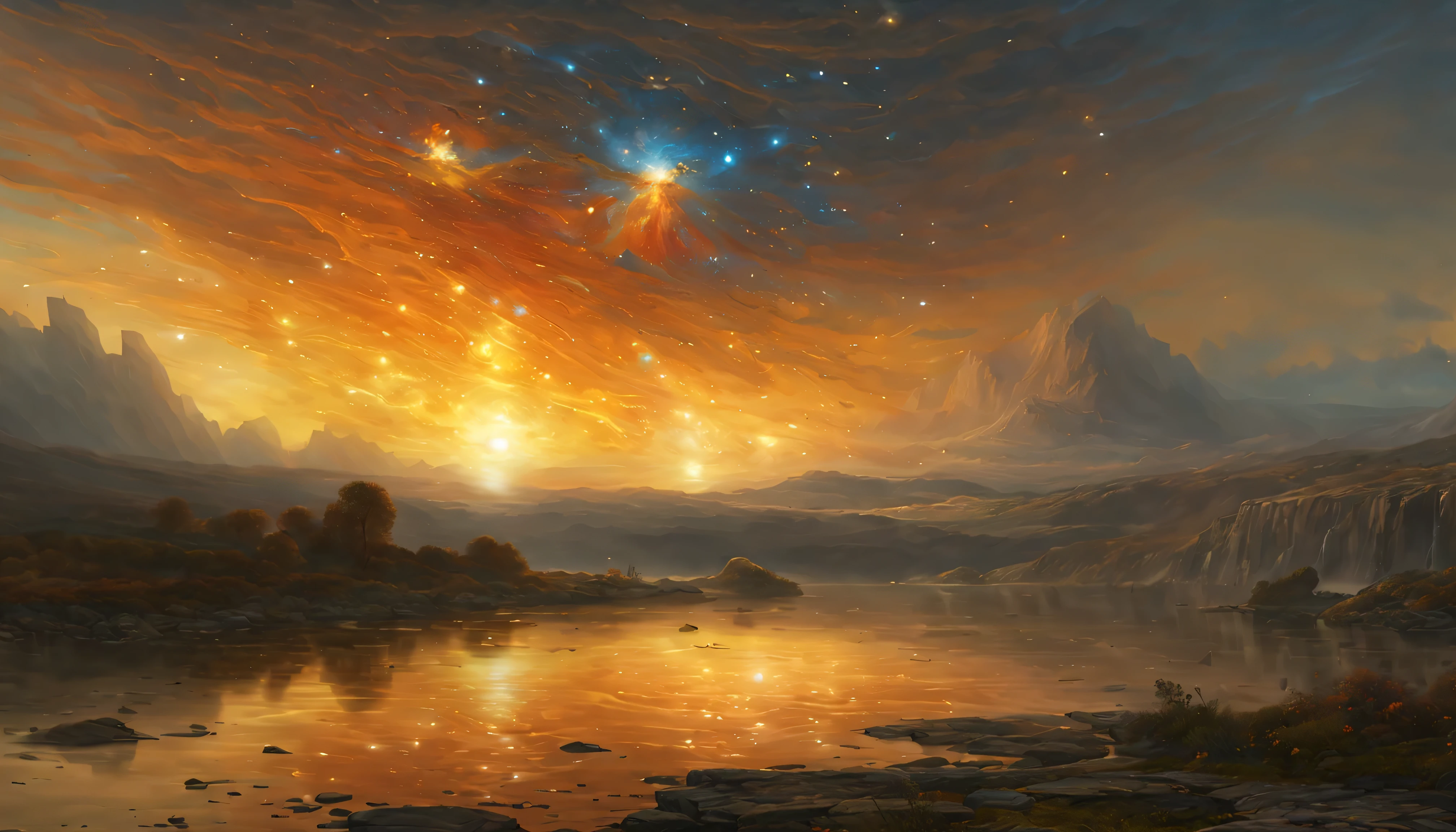 (masterpiece)), ((Best quality)), 8K, HD, Super Detail,open space, dramatic, picture of the super nova, movie scene, Blonde hair, bright and dark contarasts , soft illumination, by Joseph Mallord William Turner, claude monet, golden ratio, thomas cole, loose art, hyper detailed digital art, artstation, concept art, smooth, sharp