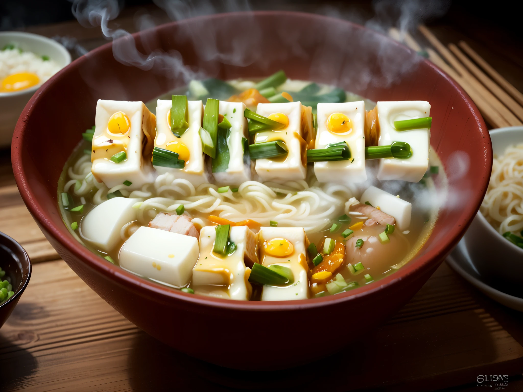 photo of a steaming bowl of instant noodles, exuding a tantalizing aroma that fills the air. The noodles are perfectly cooked, glistening with savory broth and adorned with a variety of toppings. Thin slices of tender pork, vibrant green scallions, and a perfectly boiled egg nestle atop the noodles, adding bursts of color and flavor. The scene captures the essence of comfort and convenience, with the noodles serving as a quick and satisfying meal option. The steam rising from the bowl evokes a sense of warmth and anticipation, inviting the viewer to indulge in this delectable treat, (High Quality)
