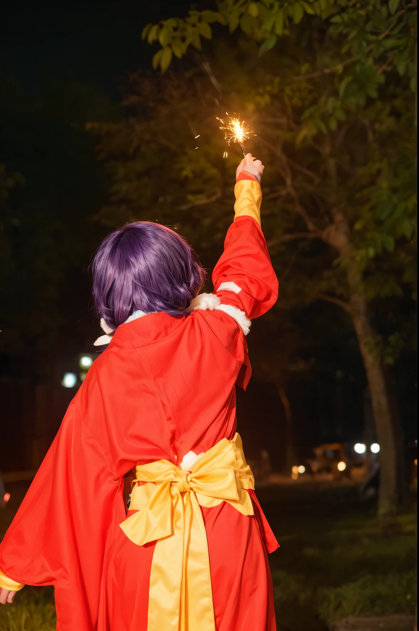 there is a person dressed in a costume holding a sparkler, kitsune holding torch, the sorceress casting a fireball, cosplay, a sorcerer casting a fireball, taken in the night, taken with canon eos 5 d mark iv, fireball lighting her face, cosplay photo, realistic girl cosplay, fire mage, cosplayer, happy!!!, photo taken at night, ultra quality:2, super quality, ((realistic purple hair)), smooth hair:1.6