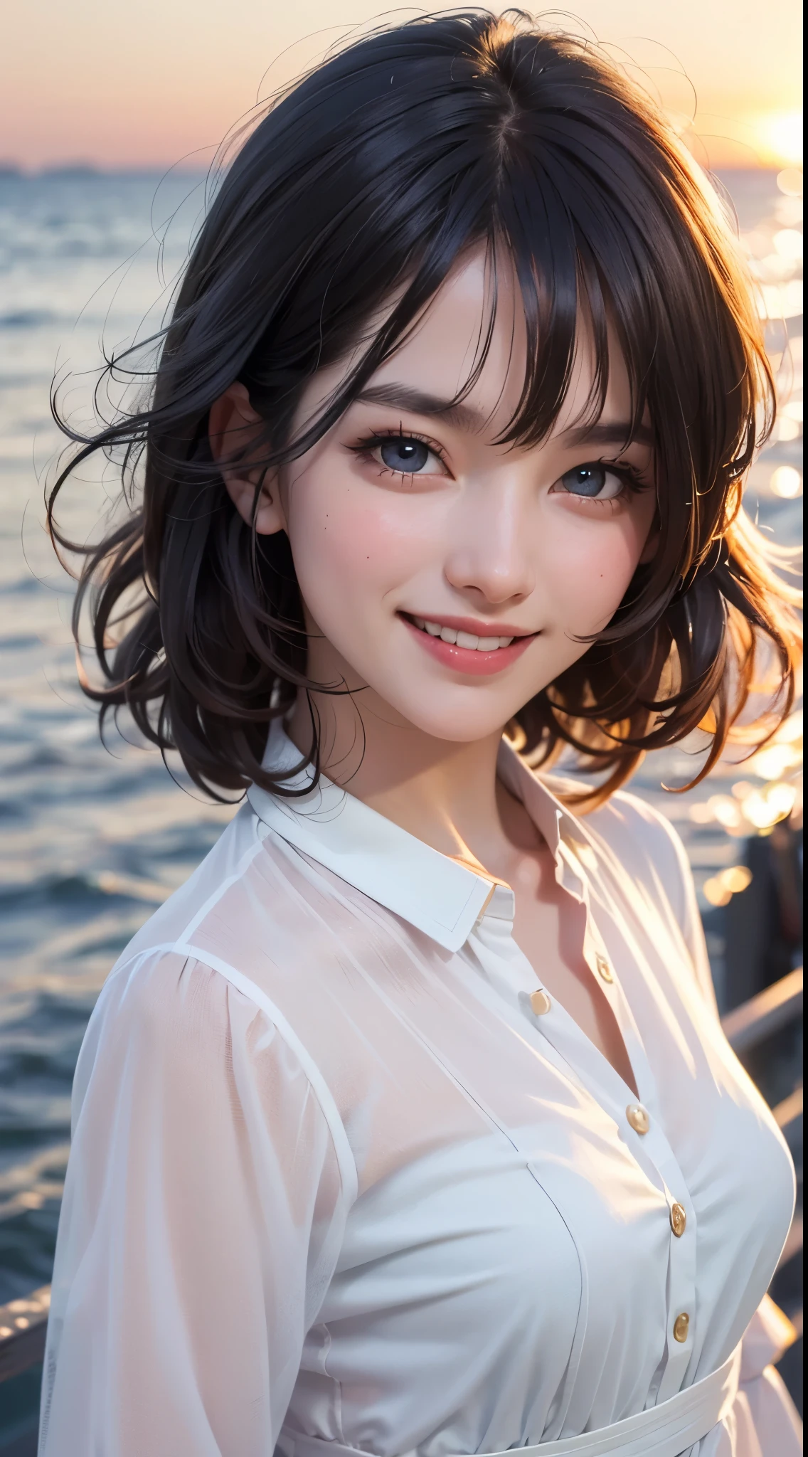 8k,(Uhd, retina, masterpiece, Accurate, anatomically correct, rough skin, Super detailed, advanced details, high quality, 最high quality, High resolution, 1080p, hd, 4k, 8k, 16k), (upper body close-up),(beautiful and detailed eyes, Dense and beautiful lips, highly detailed eyes and face), studio lighting, Physically based rendering, bright colors, (small breasts:1.8, slender body), ((see-through blouse)), (portrait, shiny hair, shiny skin, blush), (Seaside at sunset, Bokeh), eye reflection, jet black hair, (Laugh and laugh:1.5),