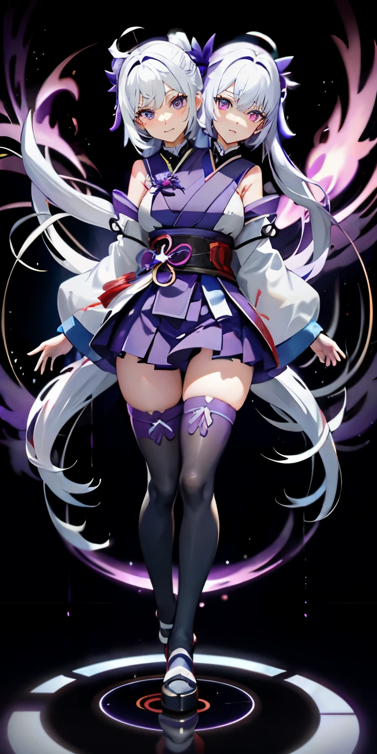 (Two heads), 1girl, japanese clothes, ponytail ,white hair, purple eyes, magic circle, blue fire, blue flames, wallpaper, landscape, blood, blood splatter, depth of field, night, light particles, light rays, sidelighting, thighs, fate \(series\), genshin impact, ****, open jacket, skirt, thighhighs, cloud
