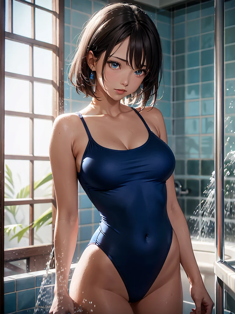 (very detailed face, full hd, 4K, photorealistic), A 25 years old woman, taking a shower, broad shoulders, big lungs, wide hips, white skin, brown hair, very short hair and straight hair with a fringe, light blue eyes, very thick lips, mouth opened, thin eyebrows. wearing a blue 1 piece swimsuit. we see the entire body.