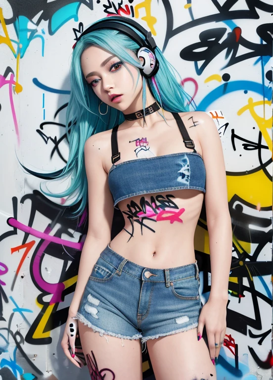 masterpiece, highest quality, 1 girl, alone, crop top, denim shorts, choker, (graffiti:1.5), paint splatters, turn your arms behind your back, towards the wall, looking at the viewer, armband, thigh strap, paint on the body, head tilt, boredom, colorful hair, aqua eye, headset