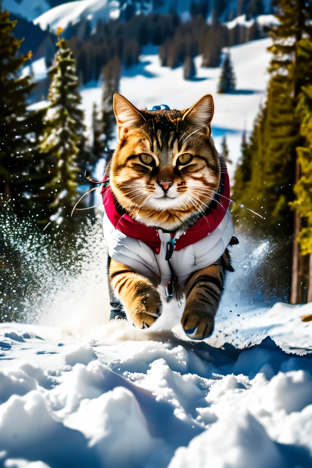 cat sledding down the mountain, high quality,masterpiece,cat,winter,animal wearing clothes,winter,cool,daytime,active,leisure,adventure,white,goggles,pet fashion,standing,four-legged,photo,depth of field,no captions