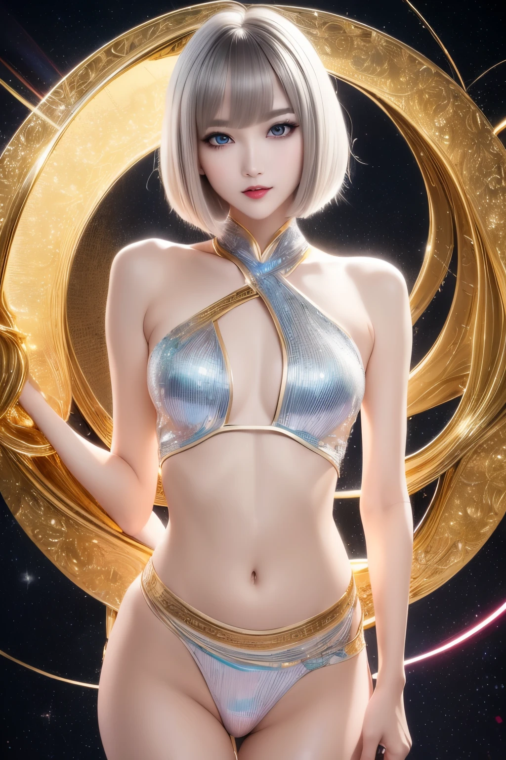 best quality, 32k, RAW photo, incredibly absurdres, extremely detailed, delicate texture, beautiful cute woman, glossy silver long bob cut, hair over one eye, amorous and lewd expression, rhythmic gymnastics uniform with gold embroidery on a white background, (slender, thin flat body line:1.2), background iridescent full moon