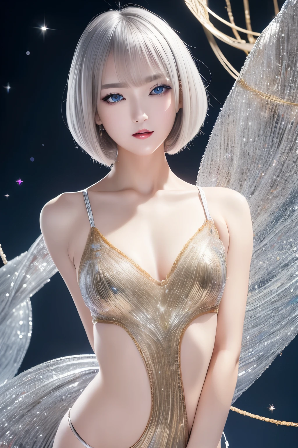 best quality, 32k, RAW photo, incredibly absurdres, extremely detailed, delicate texture, beautiful cute woman, glossy silver long bob cut, hair over one eye, amorous and lewd expression, rhythmic gymnastics uniform with gold embroidery on a white background, (slender, thin flat body line:1.2), background iridescent full moon