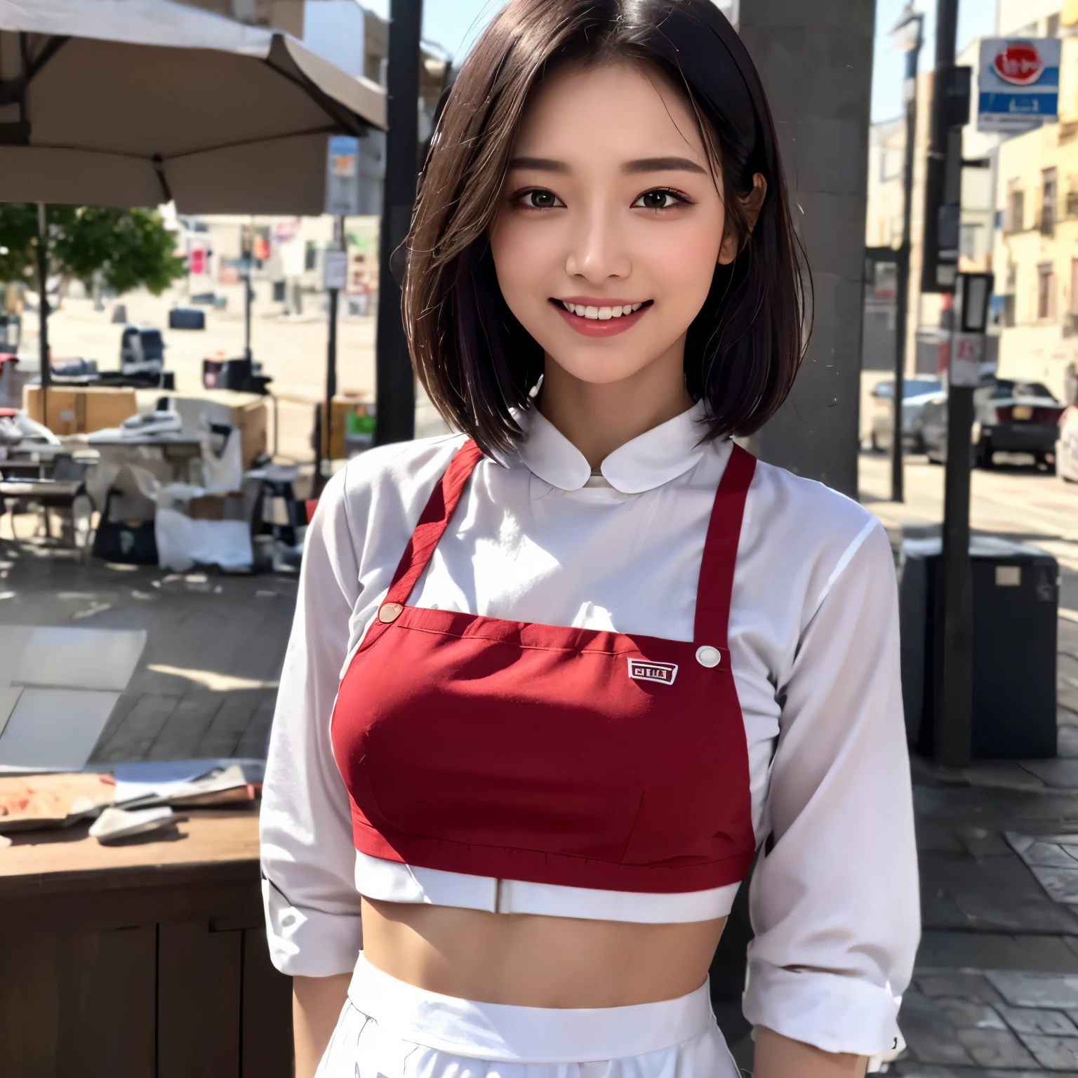 (highest quality, 8K, 超masterpiece:1.3)), sharp:1.2, perfect body beauty:1.4, slim abs:1.2, ((short to medium hair, big breasts:1.2)), Highly detailed face and skin texture
、((highest quality, 8k, masterpiece :1.3)), sharp focus :1.2, 1 girl,cute, thin abs :1.1, (red apron:1.2), white blouse, black tight skirt, (smile:1.15),(closed mouth), Highly detailed face and skin texture, fine eyes, three-quarter length, Garment reinforcement