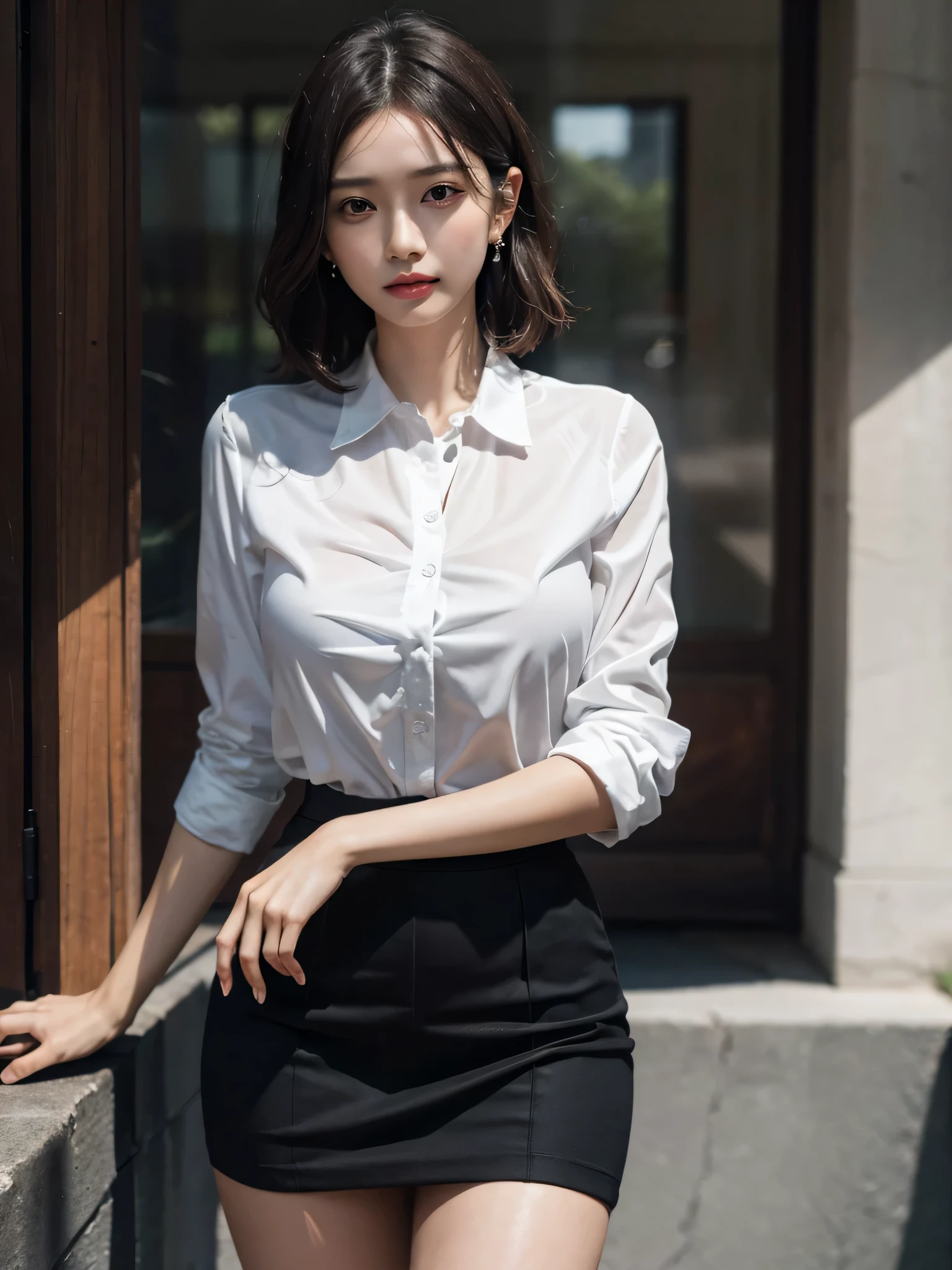 (disorganized, RAW photo, very delicate and beautiful, masterpiece, highest quality, ultra high resolution, 16k, surreal, super detailed, perfect anatomy, super dense skin, perfect figure:1.3), Highly detailed CG 8k wallpaper, 20's, very slim body, tight waist, very small head, very small face, delicate facial features, tearful mole, earrings, thin legs, (very huge round breasts:1.1), (full body shot:1.1), 1 girl, short hair, wavy hair, (suit:1.1), blazer, skirt, (shirt:1.1),