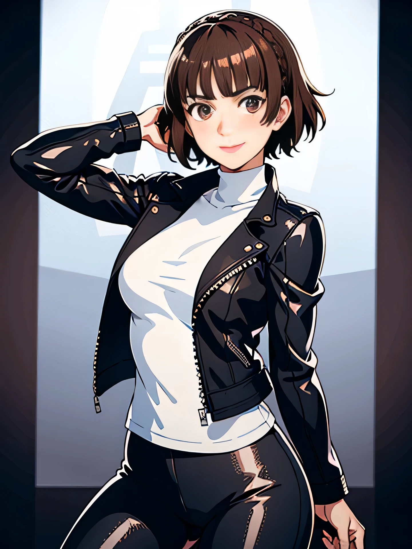 1 girl, Makoto_Nijima in einer schwarzen Lederjacke und Lederleggings, White shirt, Jacket over shirt, blush gentle smile, braune Haare, stumpfer Pony, Kronenzopf, brunette, in full height, high resolution, 8 Tausend