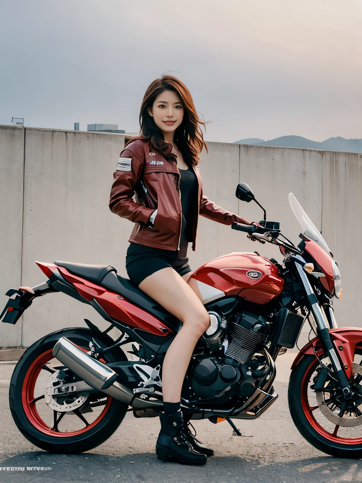 Super detailed, High resolution, (realistic, Photoreal:1.4), 8K, RAW photo, (masterpiece), (highest quality), (The details are very fine)、Physically based rendering, ((((ride a motorcycle))))、Female college student, long brown hair, Korea,  smile、((long legs))、slender body、red jacket