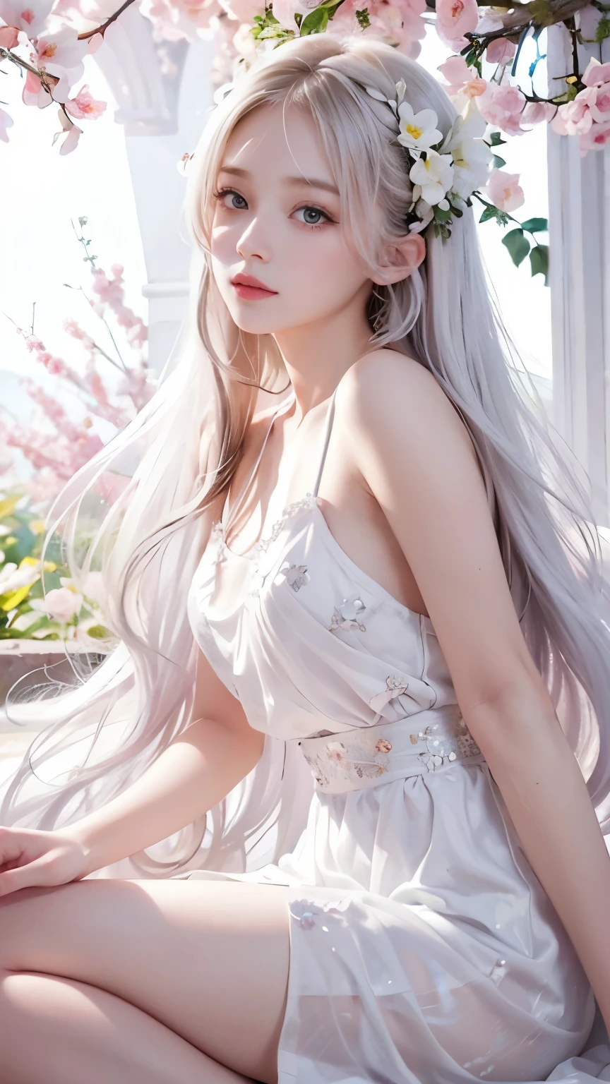 1girl, long hair, flower, in the style of white and light camisole, dreamy and romantic compositions, white, ethereal foliage, playful arrangements, fantasy, high contrast, ink strokes, over exposure, pink and white tone impression, abstract, attractive pose,