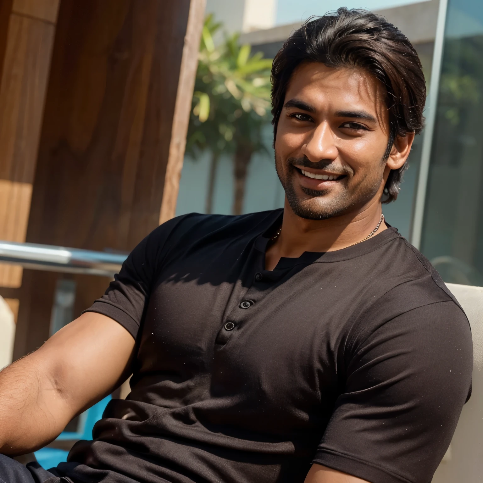 Generate a super realistic and handsome man, looks like a bollywood actor. A man must be super rich, successful and sporty, looks about 30 years old. Definitely smiles.