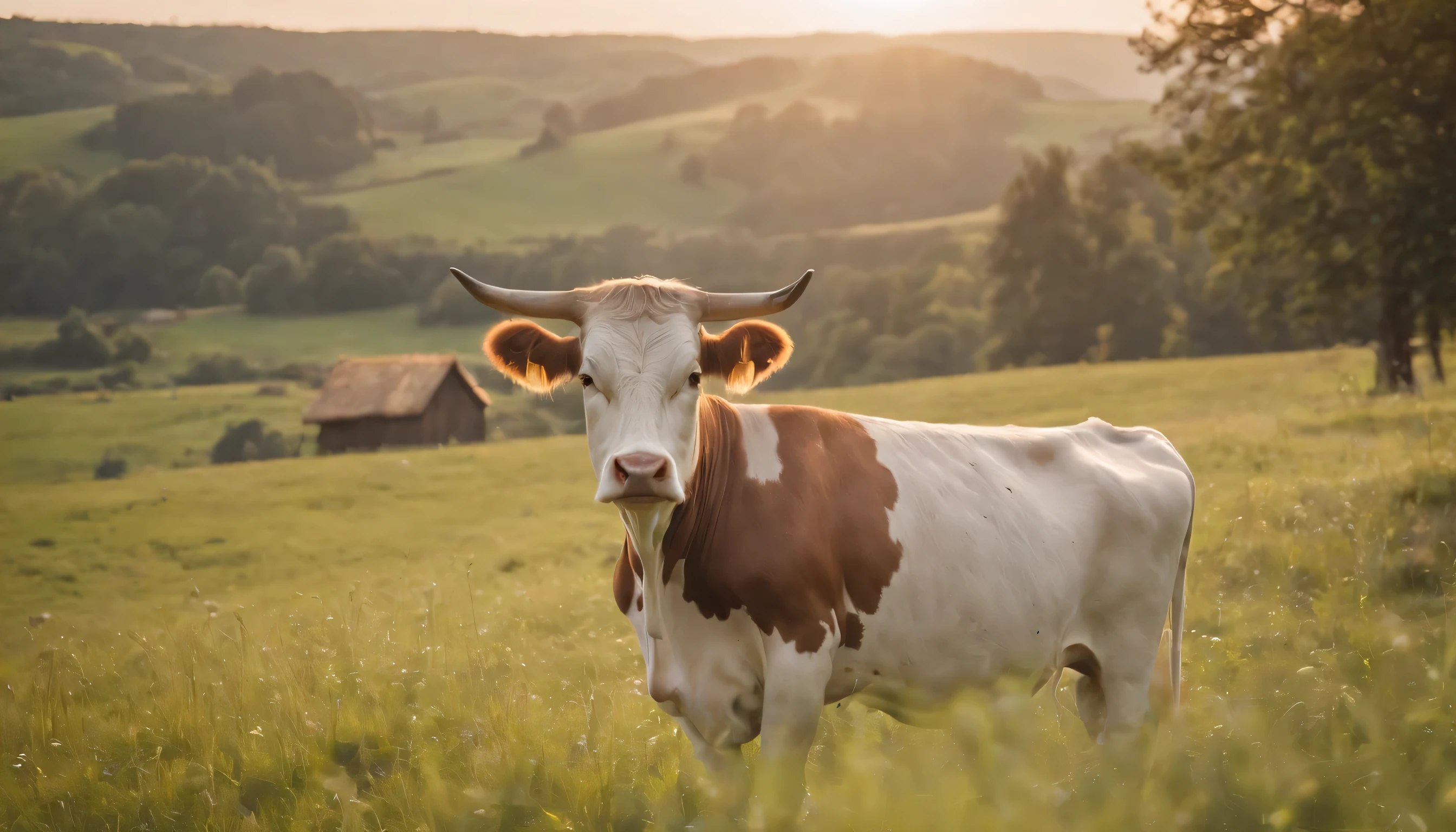 (Highly detailed CG Unity 8k wallpaper、masterpiece、highest quality、Super detailed)、(best lighting、best shadow、very delicate and beautiful)、highest quality、8k、Detailed facial depiction、masterpiece、highest quality、clear image quality、
In the spring grassland、Take a photo of the cow eating