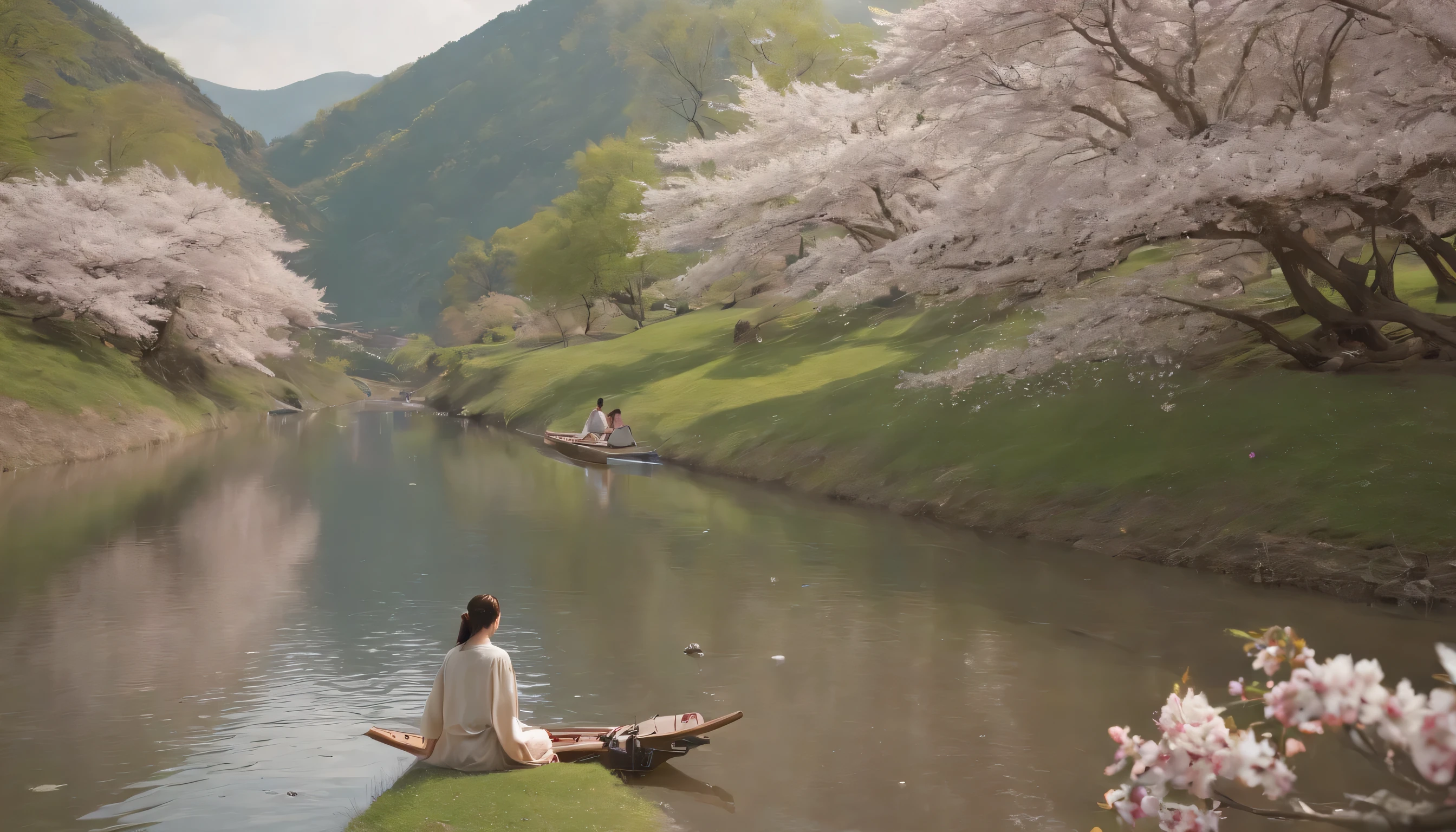 (Highly detailed CG Unity 8k wallpaper、masterpiece、highest quality、Super detailed)、(best lighting、best shadow、very delicate and beautiful)、highest quality、8k、Detailed facial depiction、masterpiece、highest quality、clear image quality、
A person sitting on the riverbank in spring々People who enjoy cherry blossom viewing々Please take a photo of.。