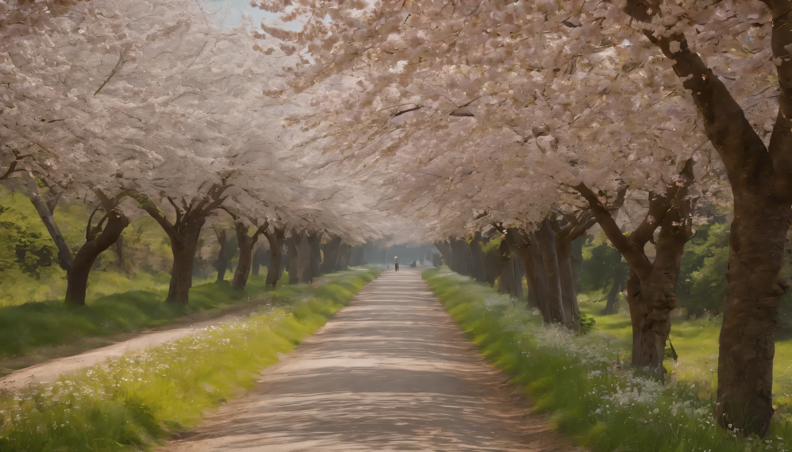 (Highly detailed CG Unity 8k wallpaper、masterpiece、highest quality、Super detailed)、(best lighting、best shadow、very delicate and beautiful)、highest quality、8k、Detailed facial depiction、masterpiece、highest quality、clear image quality、
People walking through a tunnel of cherry blossoms lining a country road in spring々々Please take a photo of。