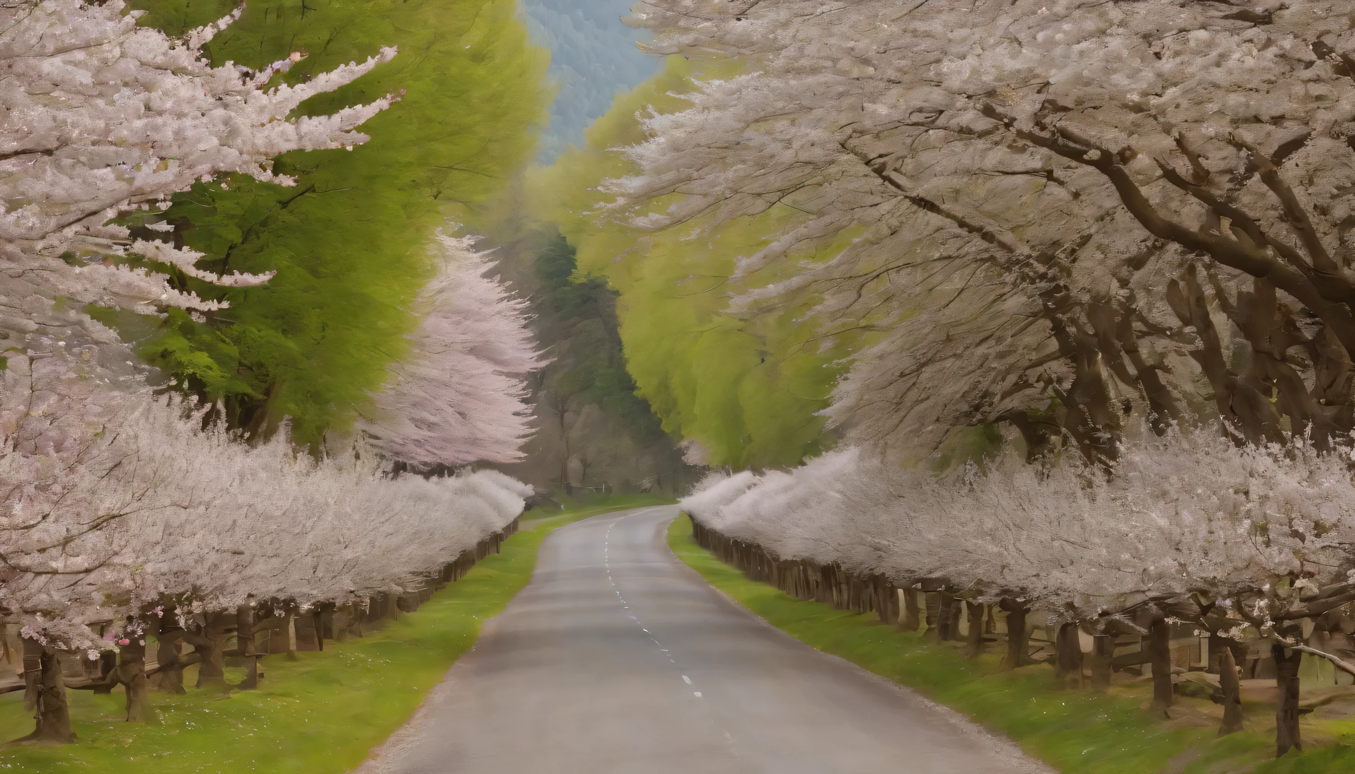 (Highly detailed CG Unity 8k wallpaper、masterpiece、highest quality、Super detailed)、(best lighting、best shadow、very delicate and beautiful)、highest quality、8k、Detailed facial depiction、masterpiece、highest quality、clear image quality、
People walking through a tunnel of cherry blossoms lining a country road in spring々々Please take a photo of。