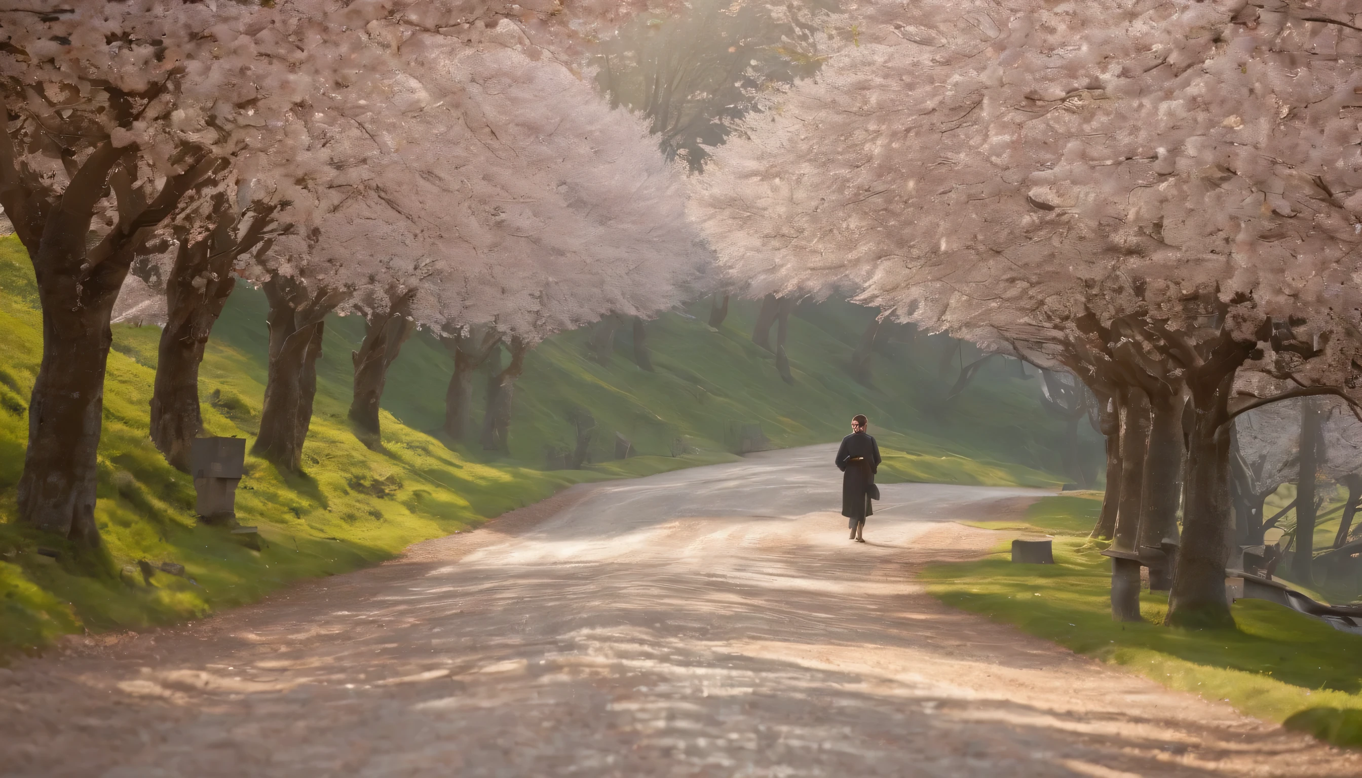 (Highly detailed CG Unity 8k wallpaper、masterpiece、highest quality、Super detailed)、(best lighting、best shadow、very delicate and beautiful)、highest quality、8k、Detailed facial depiction、masterpiece、highest quality、clear image quality、
People walking through a tunnel of cherry blossoms lining a country road in spring々々Please take a photo of。