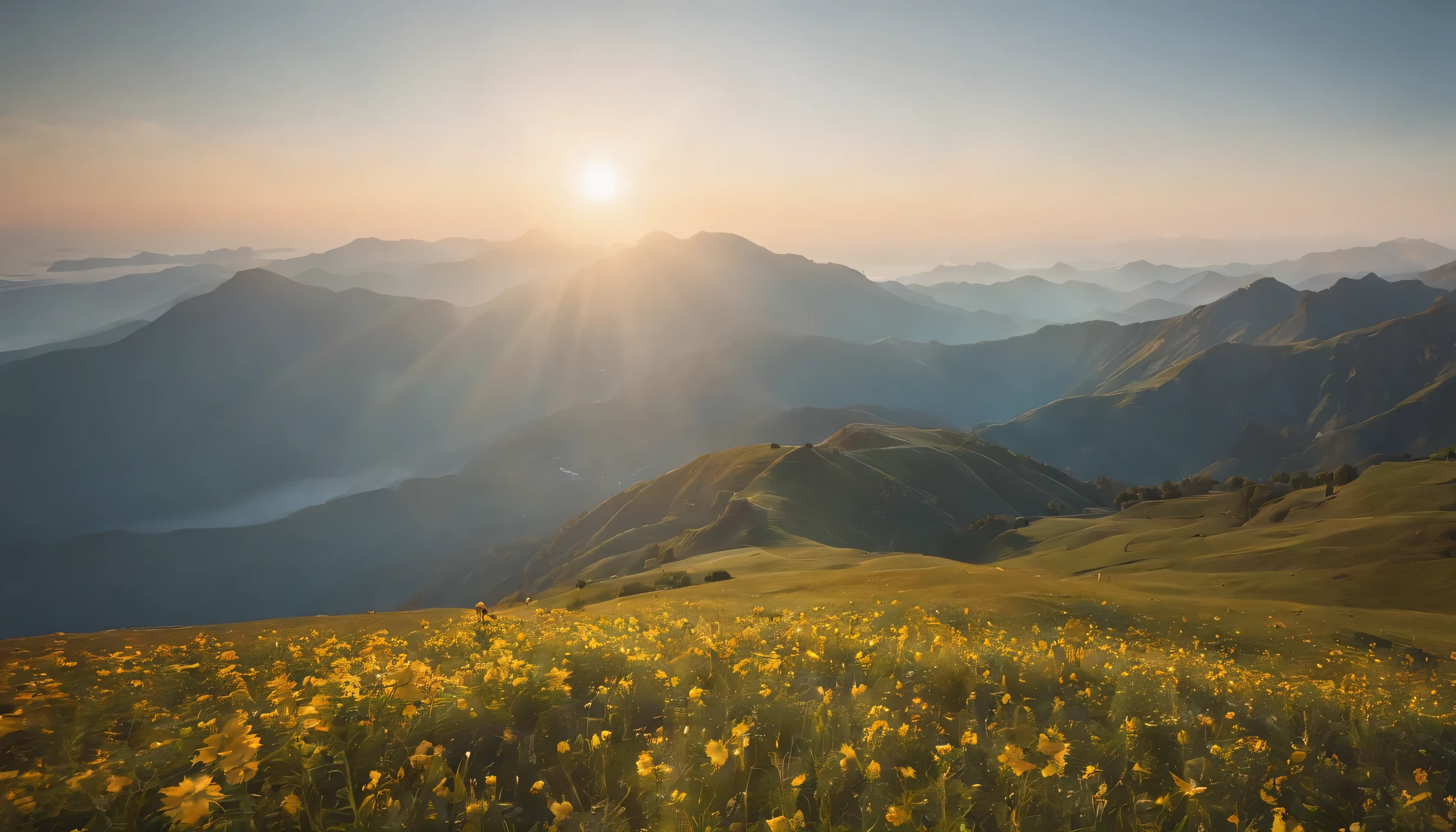 (Highly detailed CG Unity 8k wallpaper、masterpiece、highest quality、Super detailed)、(best lighting、best shadow、very delicate and beautiful)、highest quality、8k、Detailed facial depiction、masterpiece、highest quality、clear image quality、
Spring Mountains々々A sea of clouds spreads、Take a photo of the sun floating between。