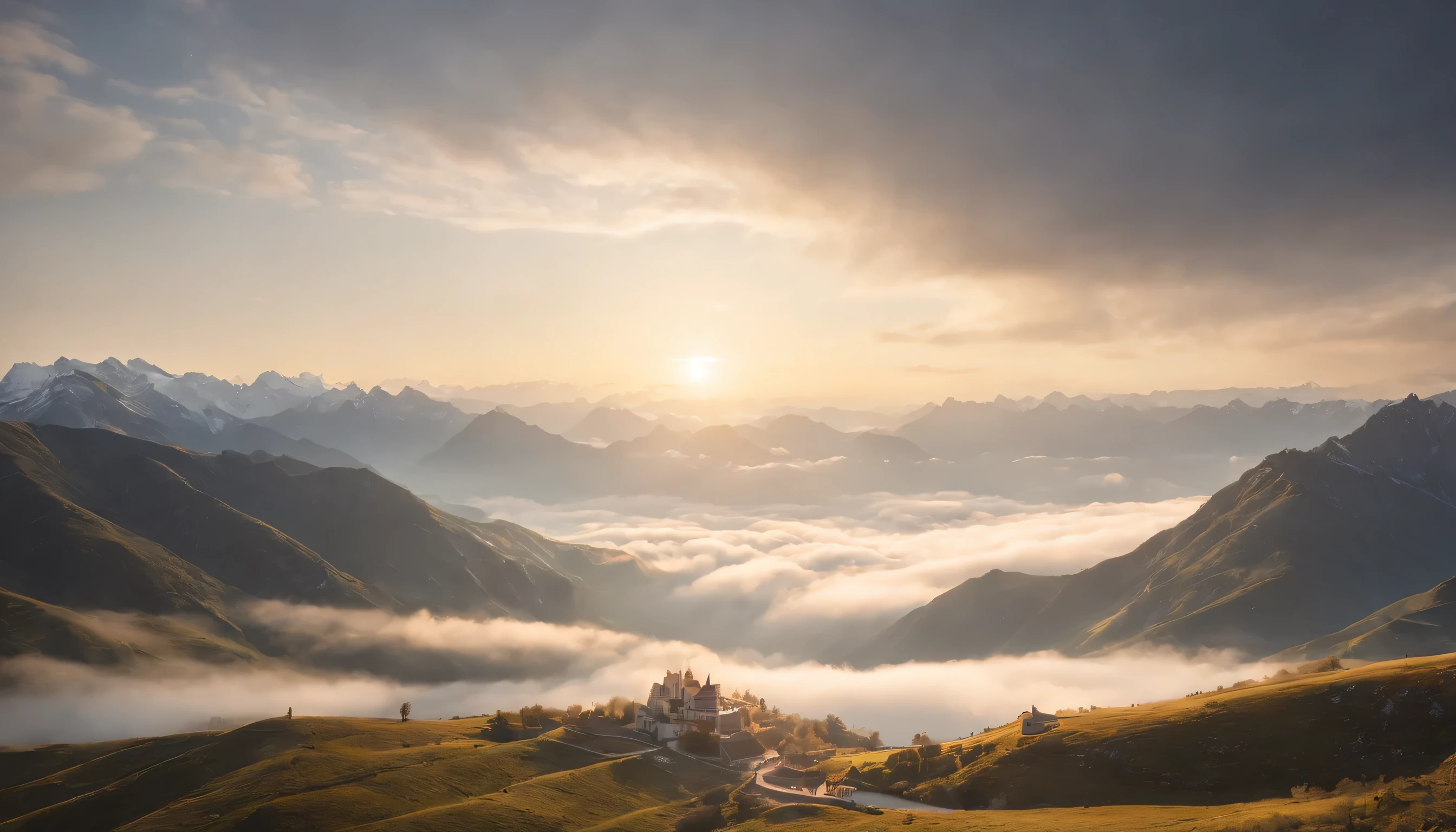 (Highly detailed CG Unity 8k wallpaper、masterpiece、highest quality、Super detailed)、(best lighting、best shadow、very delicate and beautiful)、highest quality、8k、Detailed facial depiction、masterpiece、highest quality、clear image quality、
Spring Mountains々々A sea of clouds spreads、Take a photo of the sun floating between。