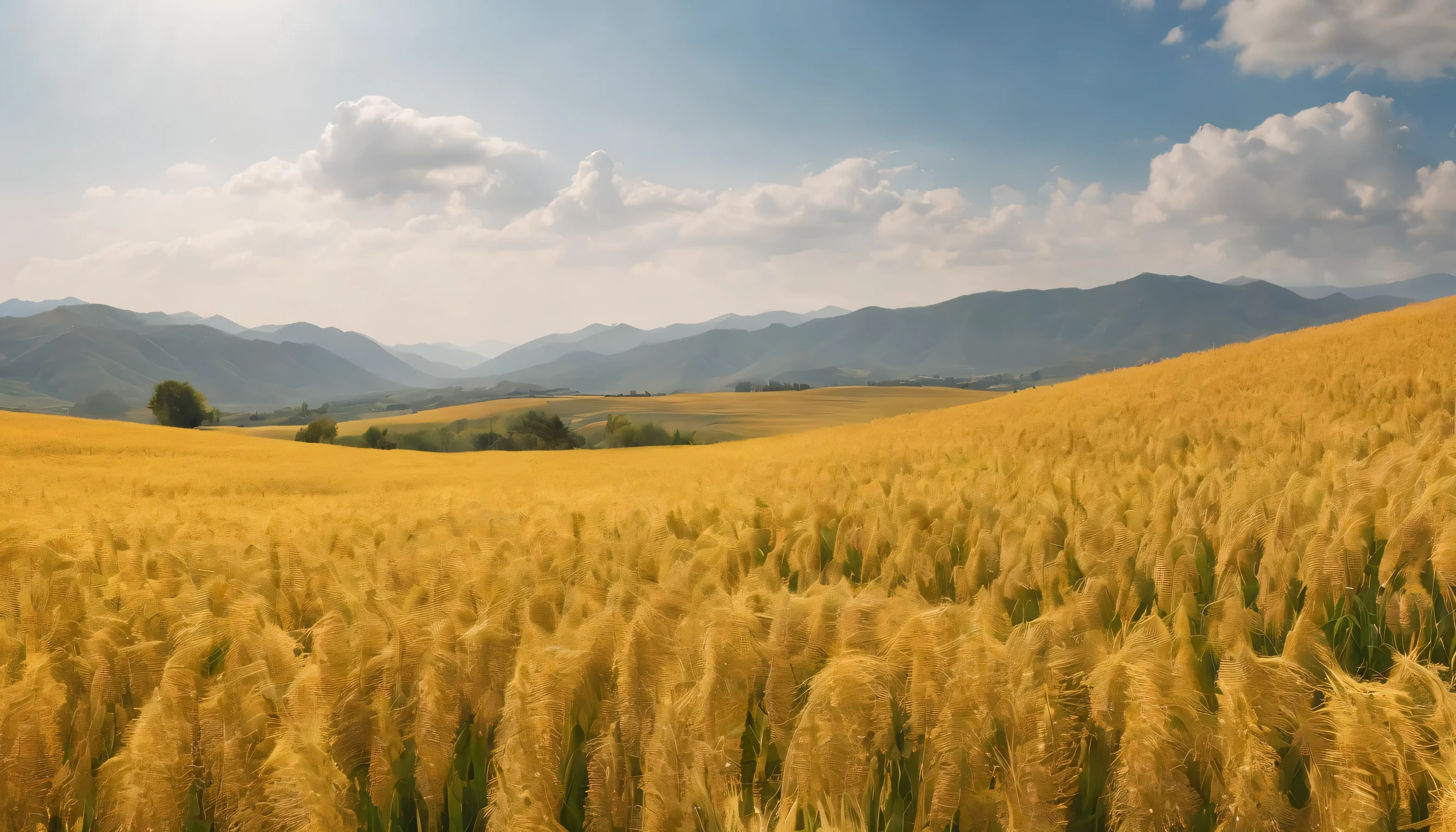 (Highly detailed CG Unity 8k wallpaper、masterpiece、highest quality、Super detailed)、(best lighting、best shadow、very delicate and beautiful)、highest quality、8k、Detailed facial depiction、masterpiece、highest quality、clear image quality、
In the spring countryside、Take photos of white clouds floating in the blue sky and wheat fields。