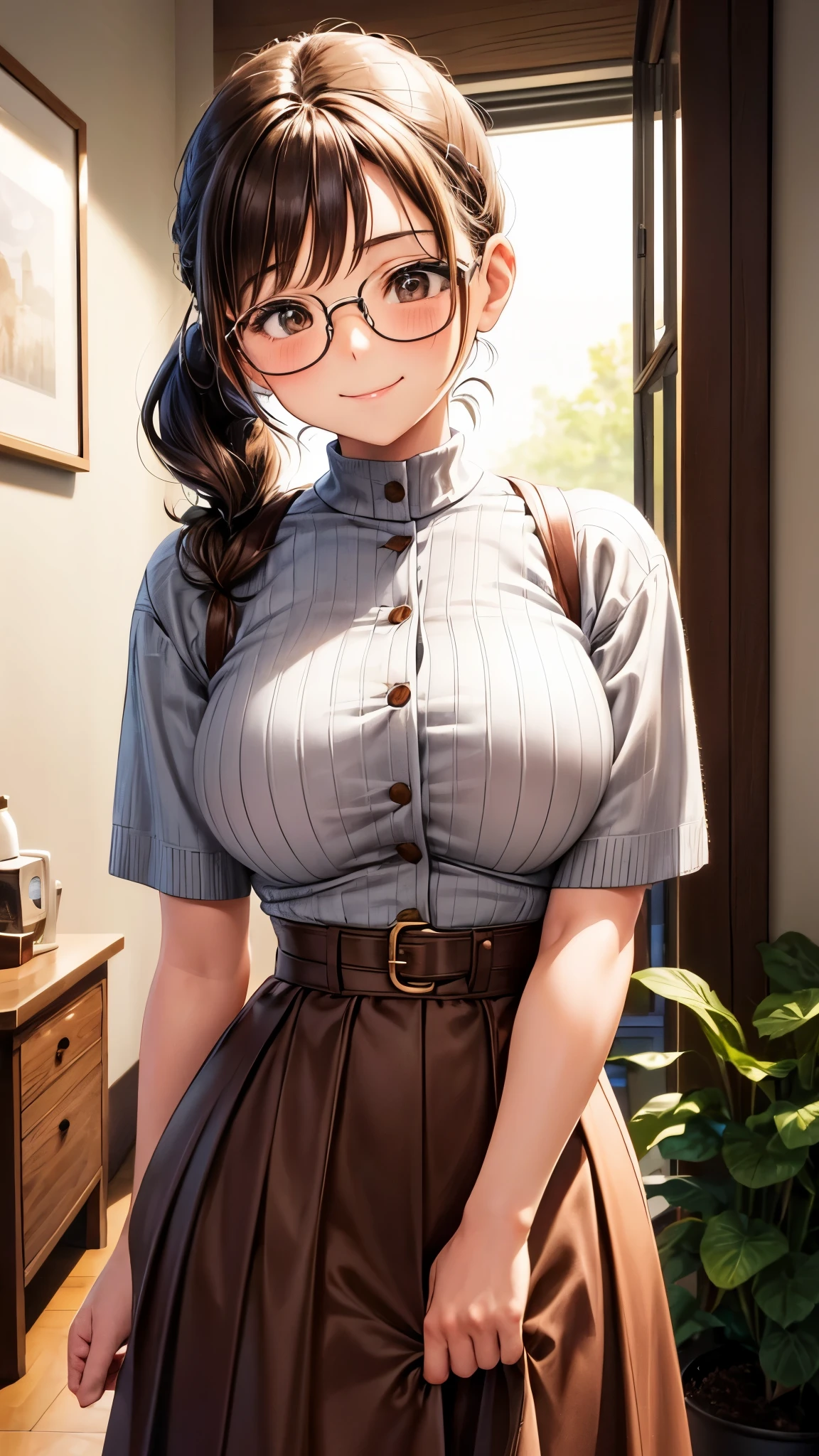 1 female,12 years old,brown hair,beautiful low ponytail hairstyle, (High-waisted skirt:1.3),, (knit), (double breasted,under bust:1.2), short sleeve, button gap,natural smile,,frameless eyeglasses,