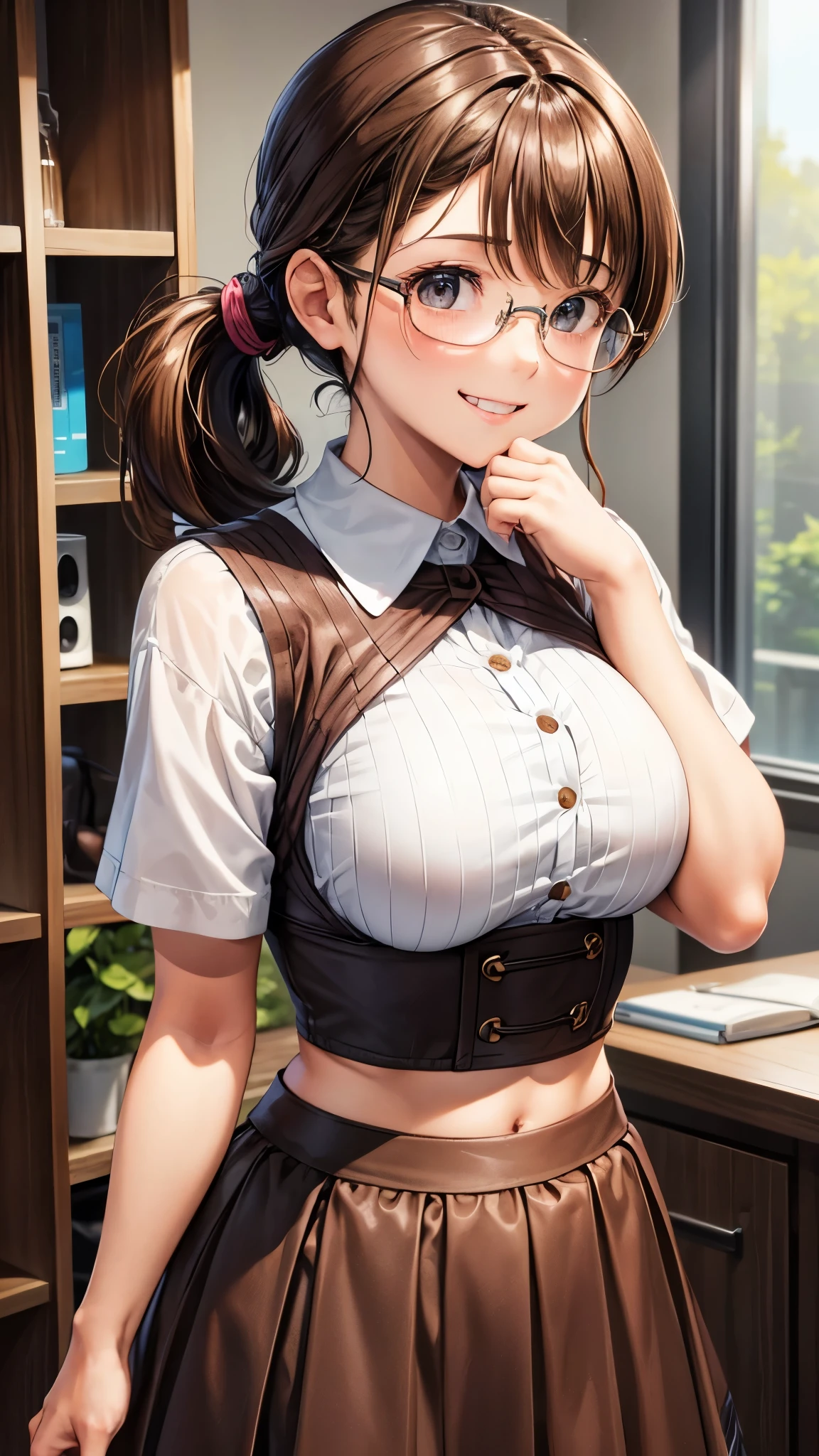 1 female,12 years old,brown hair,beautiful low ponytail hairstyle, (High-waisted skirt:1.3),, (knit), (double breasted,under bust:1.2), short sleeve, button gap,natural smile,,frameless eyeglasses,