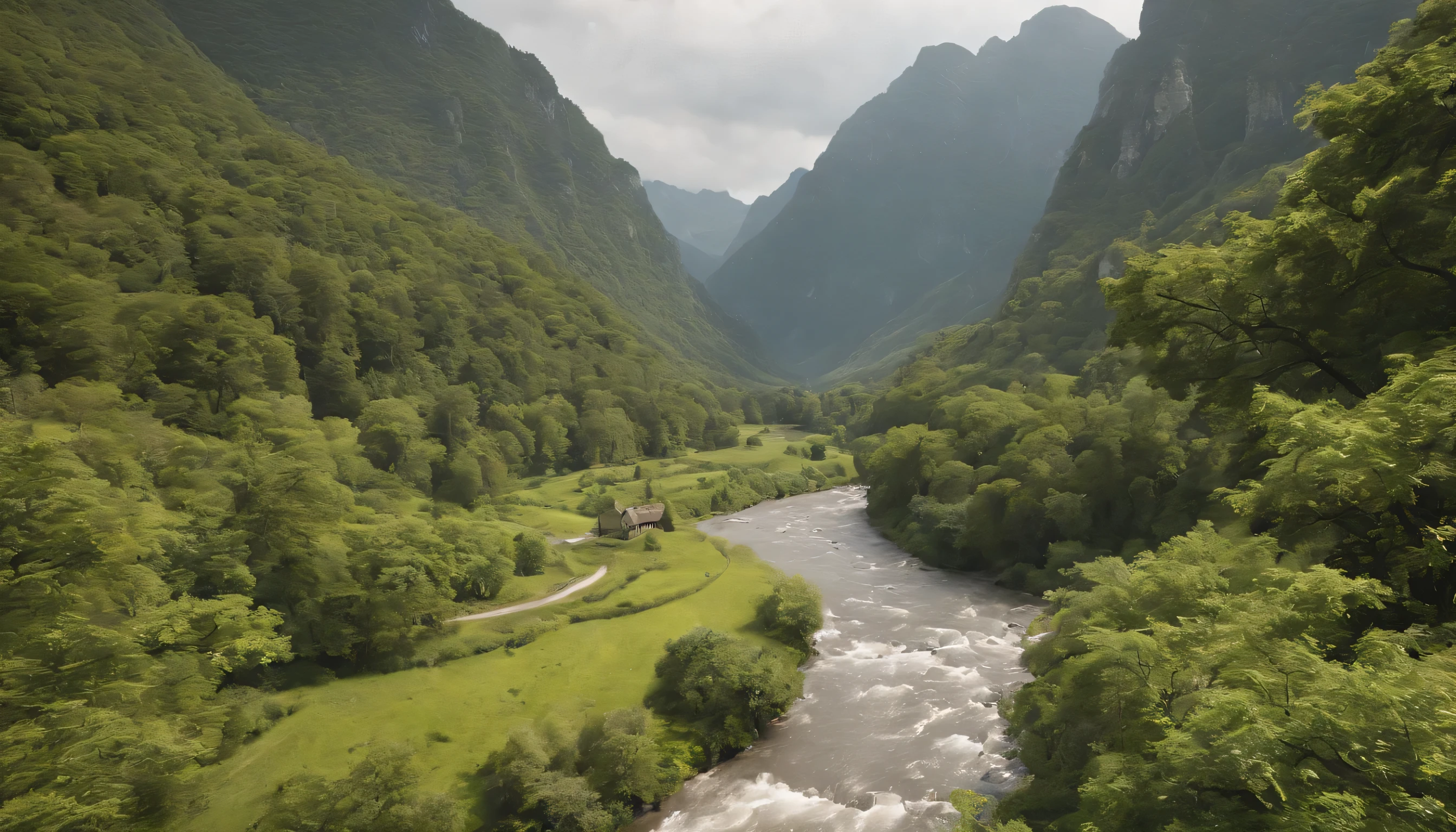 (Highly detailed CG Unity 8k wallpaper、masterpiece、highest quality、Super detailed)、(best lighting、best shadow、very delicate and beautiful)、highest quality、8k、Detailed facial depiction、masterpiece、highest quality、clear image quality、
春のMountainの頂上から見下ろす、Mountain々Please take a photo of the greenery and river.。