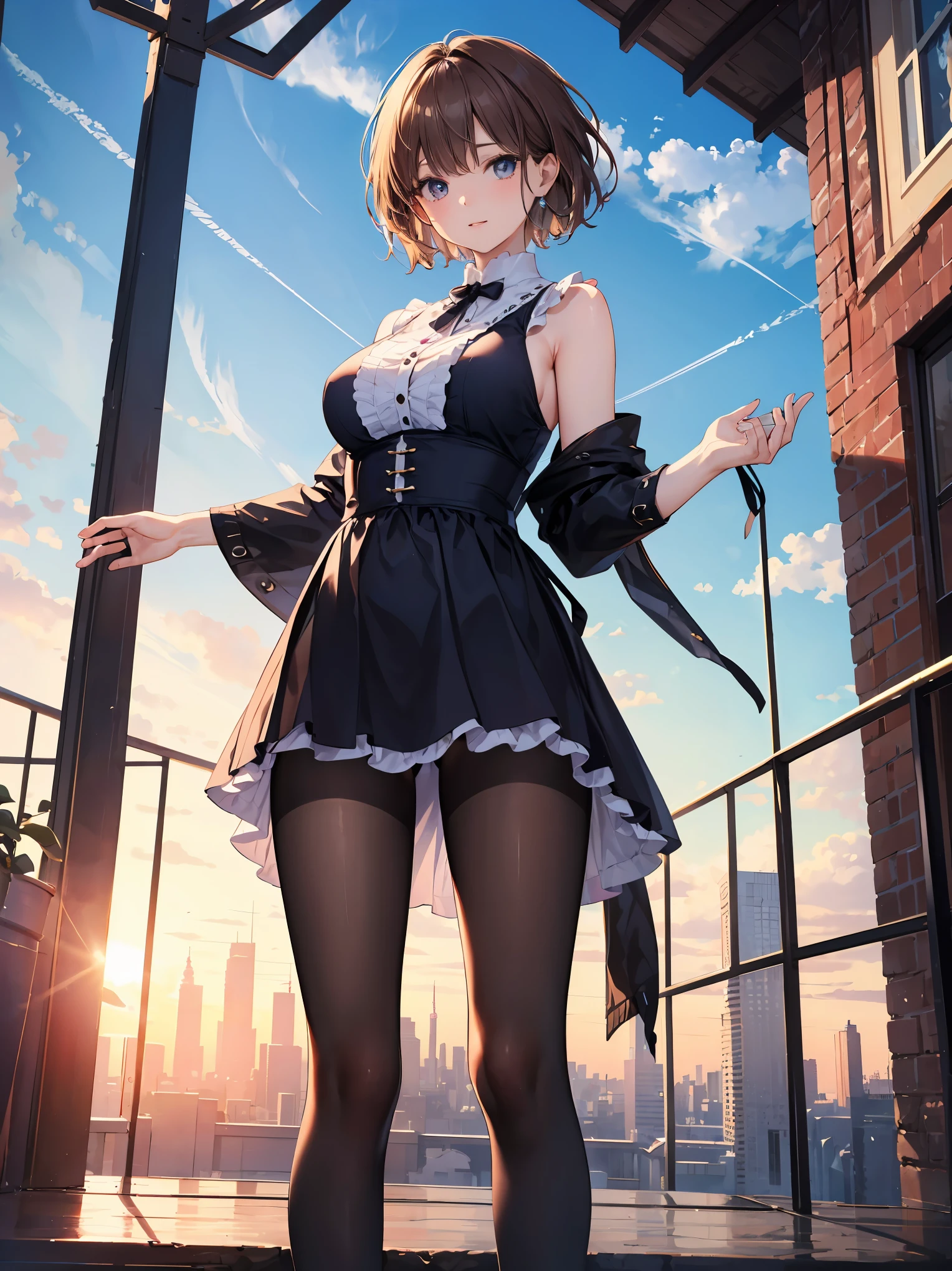 (8K、highest quality、masterpiece:1.2)、(realistic、Photoreal:1.2)、Standing and looking at me、Angle seen from the ground、Upskirt、Beautiful sky after rain、looking at the viewer、laughter、big and full breasts、fine and beautiful eyes、brown hair、(short hair:1.1)、pantyhose, one piece、sleeveless, masterpiece, highest quality, super detailed、cross your legs、raise one leg、