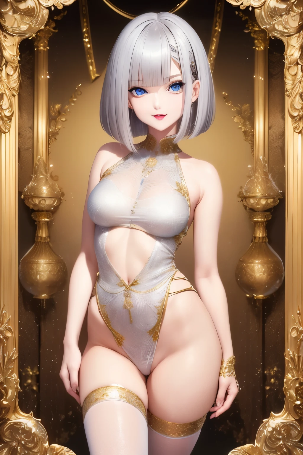 best quality, 32k, RAW photo, incredibly absurdres, extremely detailed, delicate texture, beautiful cute woman, glossy silver long bob cut, hair over one eye, amorous and lewd expression, rhythmic gymnastics uniform with gold embroidery on a white background, (slender, thin flat body line:1.2), background iridescent full moon