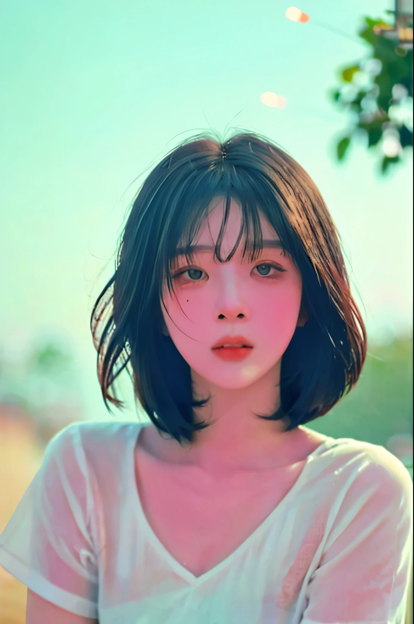 a fashion lookbook portrait of a beautiful asian girl with short red hair, wearing white shirt, experimental, shot on kodak professional medium format film, liminal industrial background in, (smoke|fireworks:1.05), (dawn|dusk:1.05), (spring|summer:1.05), 1girl, no makeup, (close up:1.4), (nsfw:1.2), vibrant, ForestGreen,