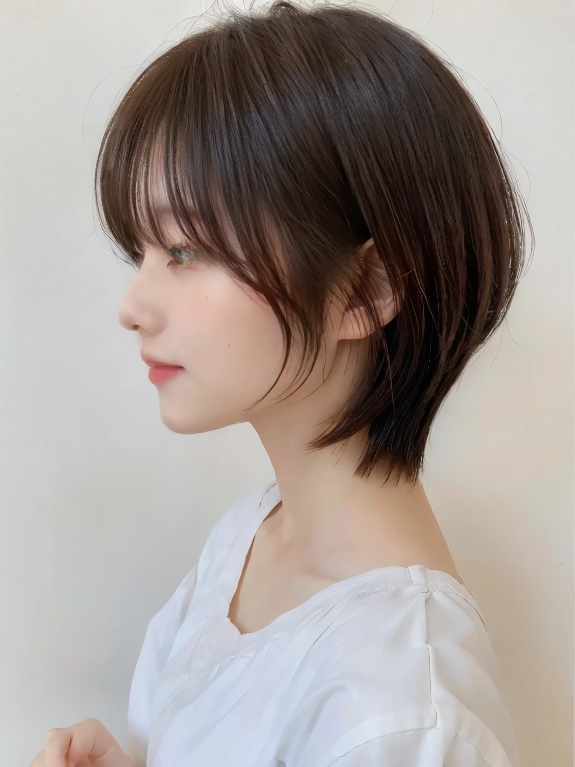 early morning light、(8K、RAW photo、highest quality、masterpiece:1.2)、High-definition RAW color photo、professional photos、(realistic、photo realistic:1.37)、cinematic light、日本人1 female、laughter、(holding a bouquet)、smile、Taken in a room with white walls and windows、((blur the background))、Various poses、white blouse、simple necklace、(Beautiful profile:1.3)、don't look at the camera、profile、bob、、realistic、From the side、 Upper body、From the side、I was disappointed、Photographed under natural light、profile、Side view、1 female、A photo showing the Upper body、wide angle