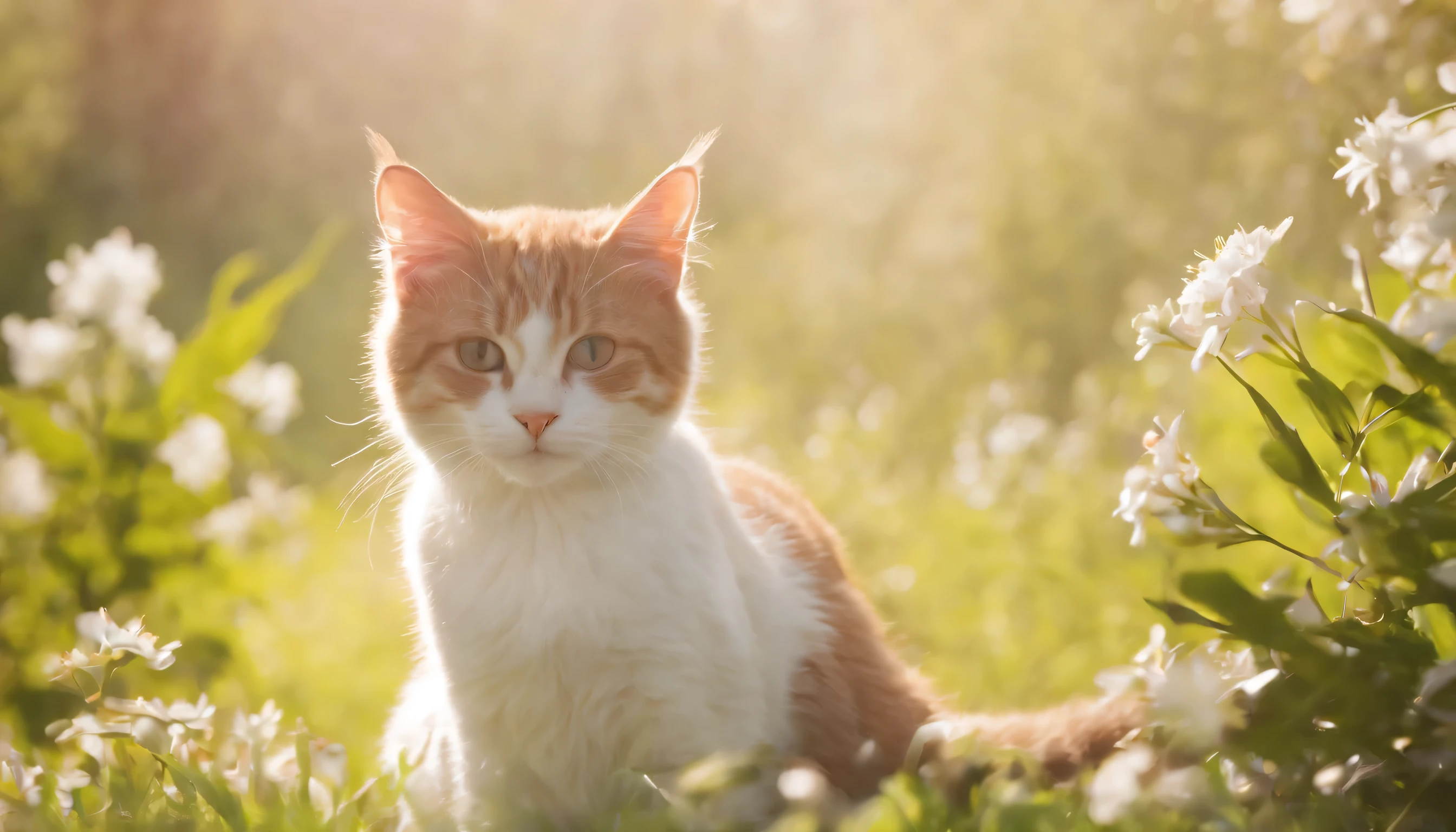 (Highly detailed CG Unity 8k wallpaper、masterpiece、highest quality、Super detailed)、(best lighting、best shadow、very delicate and beautiful)、highest quality、8k、Detailed facial depiction、masterpiece、highest quality、clear image quality、
With a cat lying in a spring park、surrounding flowers々々Please take a photo of。