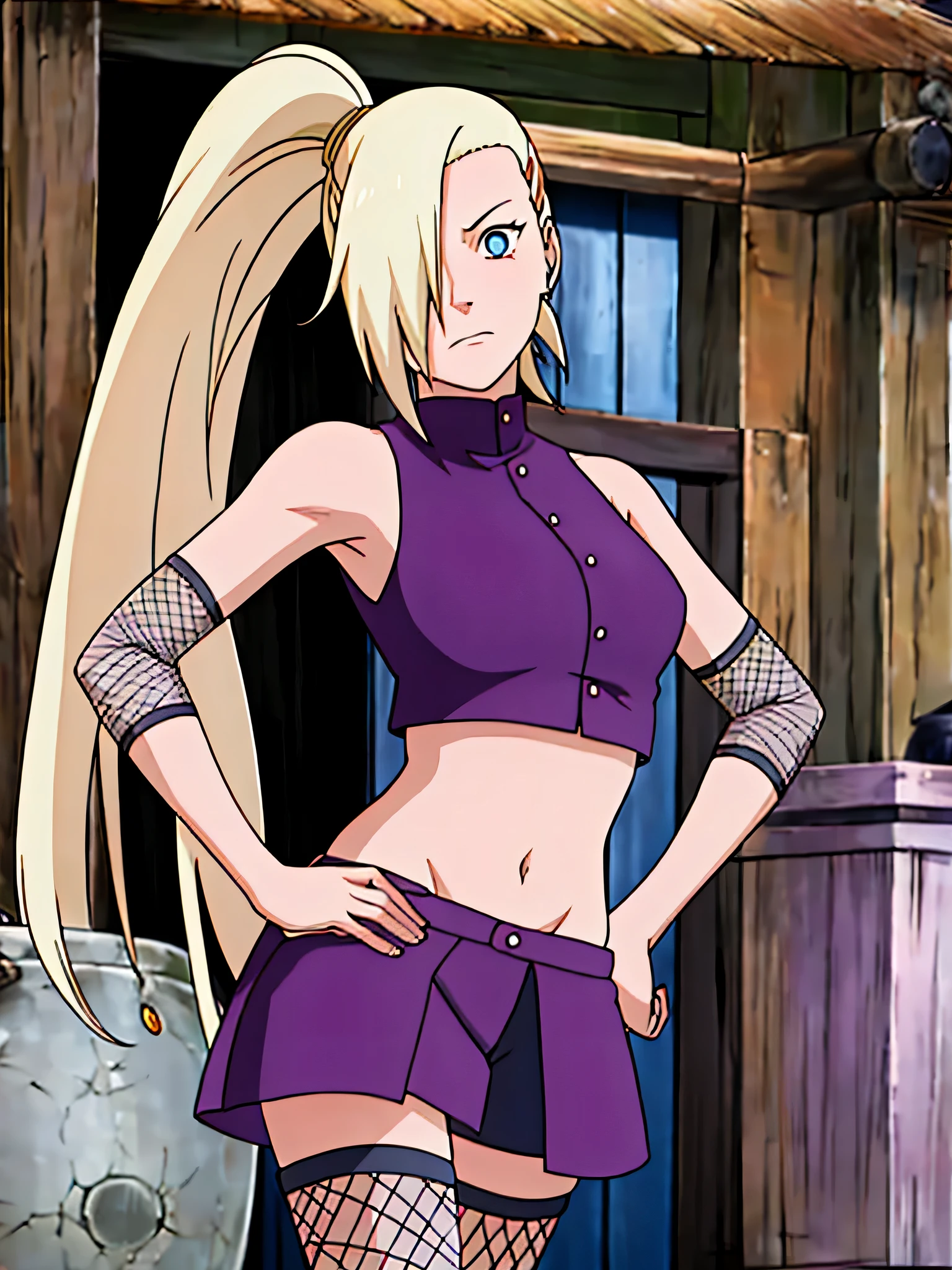 ino yamanaka, ino shippuden, armpits, hands on hips, posing, hair over one eye, high ponytail, blue eyes, masterpiece, solo, 1girl, sleeveless, purple crop top, fishnets, bare shoulders, upper body