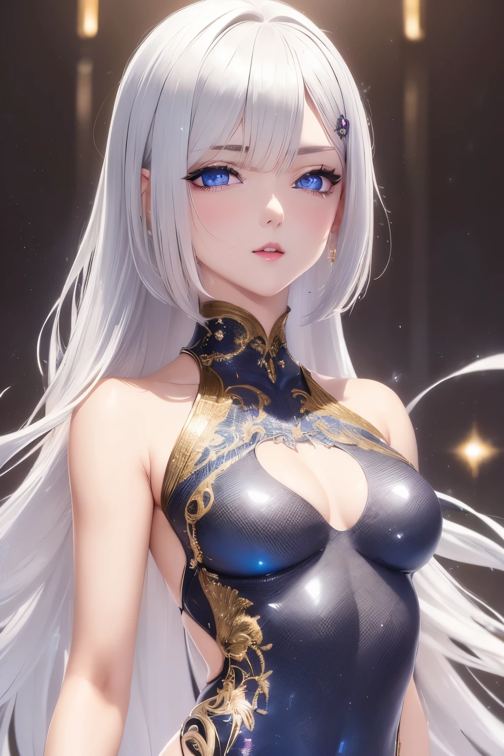 best quality, 32k, RAW photo, incredibly absurdres, extremely detailed, delicate texture, beautiful cute woman, glossy silver long bob cut, hair over one eye, amorous and lewd expression, rhythmic gymnastics uniform with gold embroidery on a white background, (slender, thin flat body line:1.2), background iridescent full moon