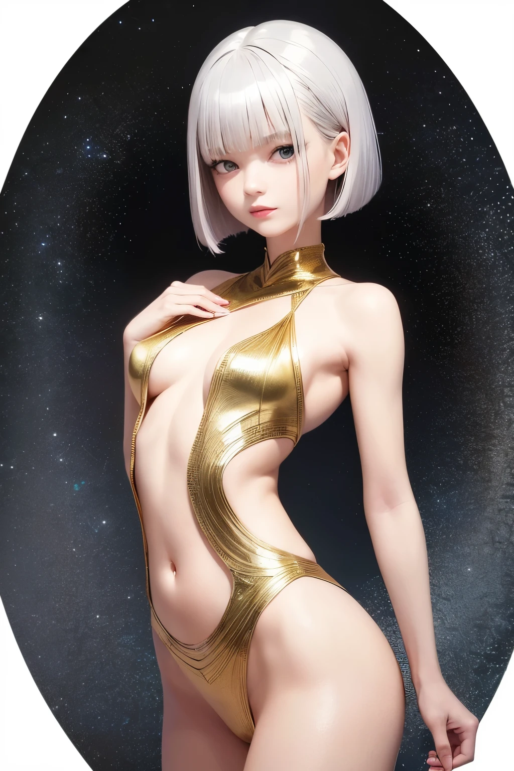 best quality, 32k, RAW photo, incredibly absurdres, extremely detailed, delicate texture, beautiful cute woman, glossy silver long bob cut, hair over one eye, amorous and lewd expression, rhythmic gymnastics uniform with gold embroidery on a white background, (slender, thin flat body line:1.2), background iridescent full moon