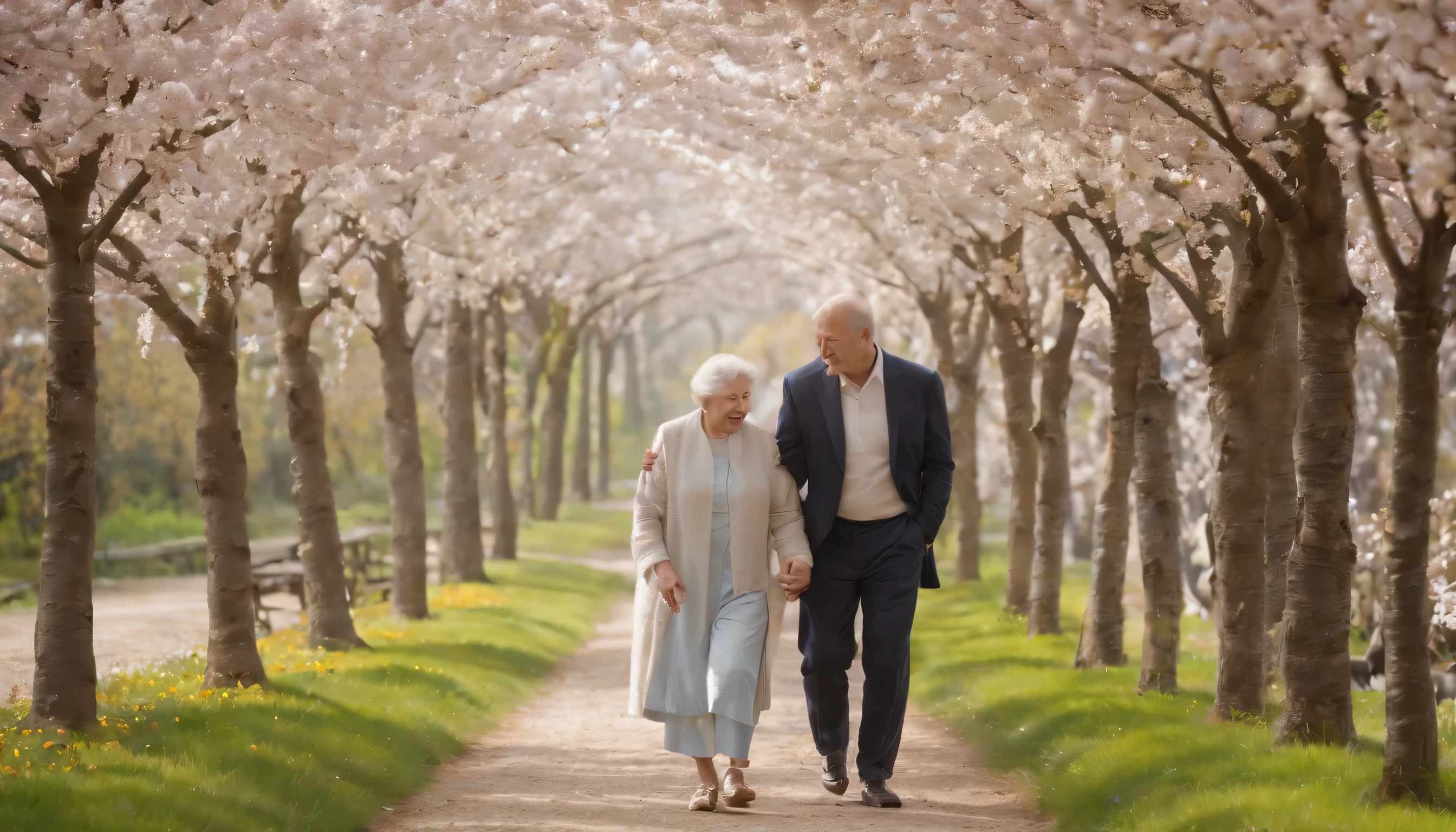 (Highly detailed CG Unity 8k wallpaper、masterpiece、highest quality、Super detailed)、(best lighting、best shadow、very delicate and beautiful)、highest quality、8k、Detailed facial depiction、masterpiece、highest quality、clear image quality、
Take a photo of an elderly couple walking through a tunnel of cherry blossoms on a country road in spring.。