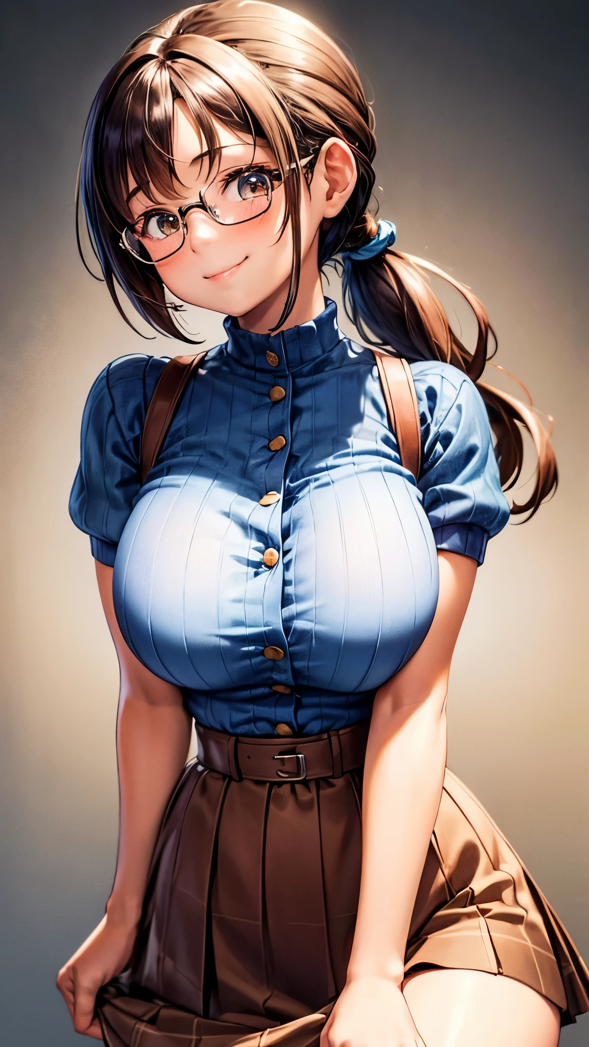 1 female,12 years old,brown hair,beautiful low ponytail hairstyle, (High-waisted skirt:1.3),, (tight knit), (double breasted,under bust:1.2), short sleeve, button gap,natural smile,,frameless eyeglasses,