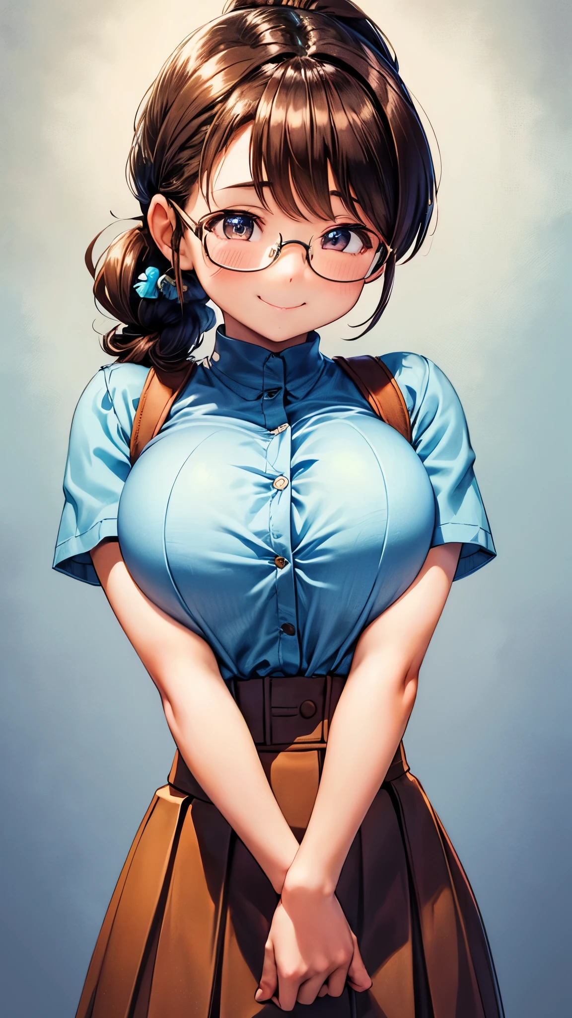 1 female,,brown hair,beautiful low ponytail hairstyle, (High-waisted skirt:1.3),, (tight shirt), (double breasted,under bust:1.2), short sleeve, button gap,natural smile,,frameless eyeglasses,