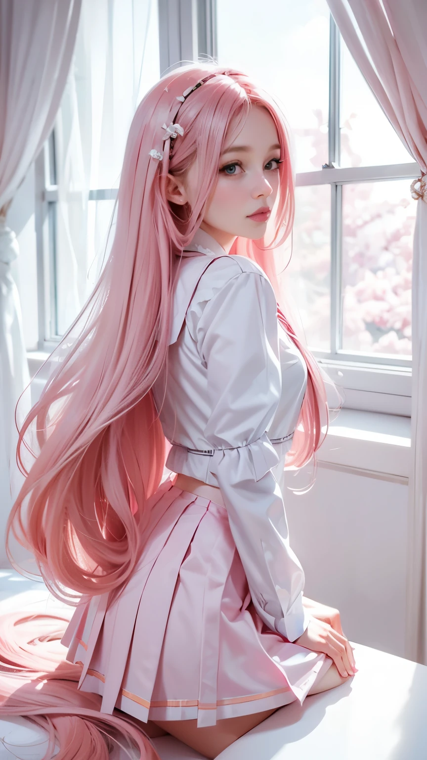 1girl, long hair, in the style of pink e and light school uniform,, dreamy and romantic compositions, white,, playful arrangements, fantasy, high contrast, ink strokes, over exposure, pink and white tone impression, abstract, attractive pose,