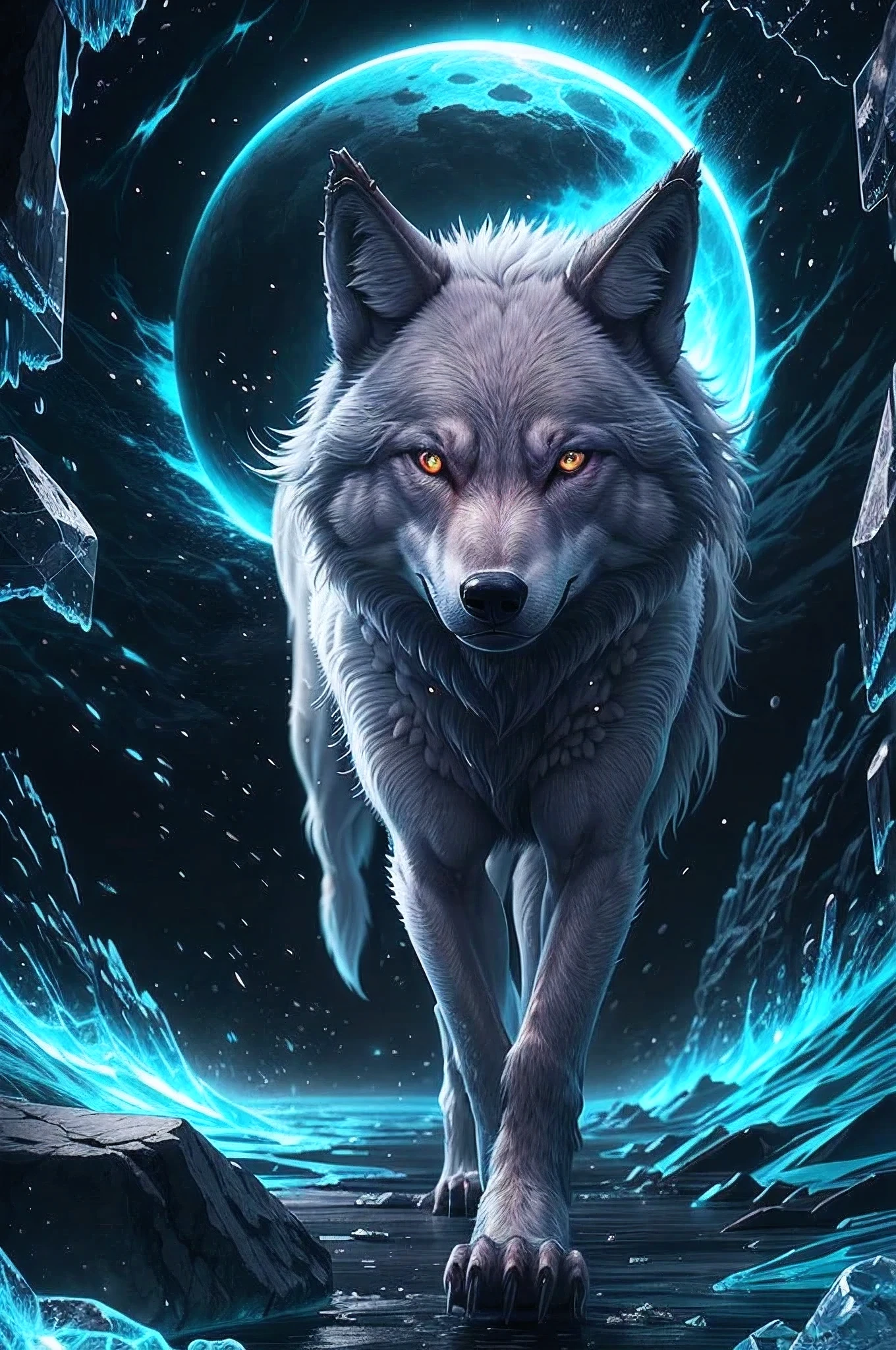 (artwork))), better quality, detailed CG illustration, mystical and mysterious figure of a wolf, white hair, burning eyes, fierce and intimidating expression, soft tones, with ice power, surrounded by icy ice event on screen in an angry pose
