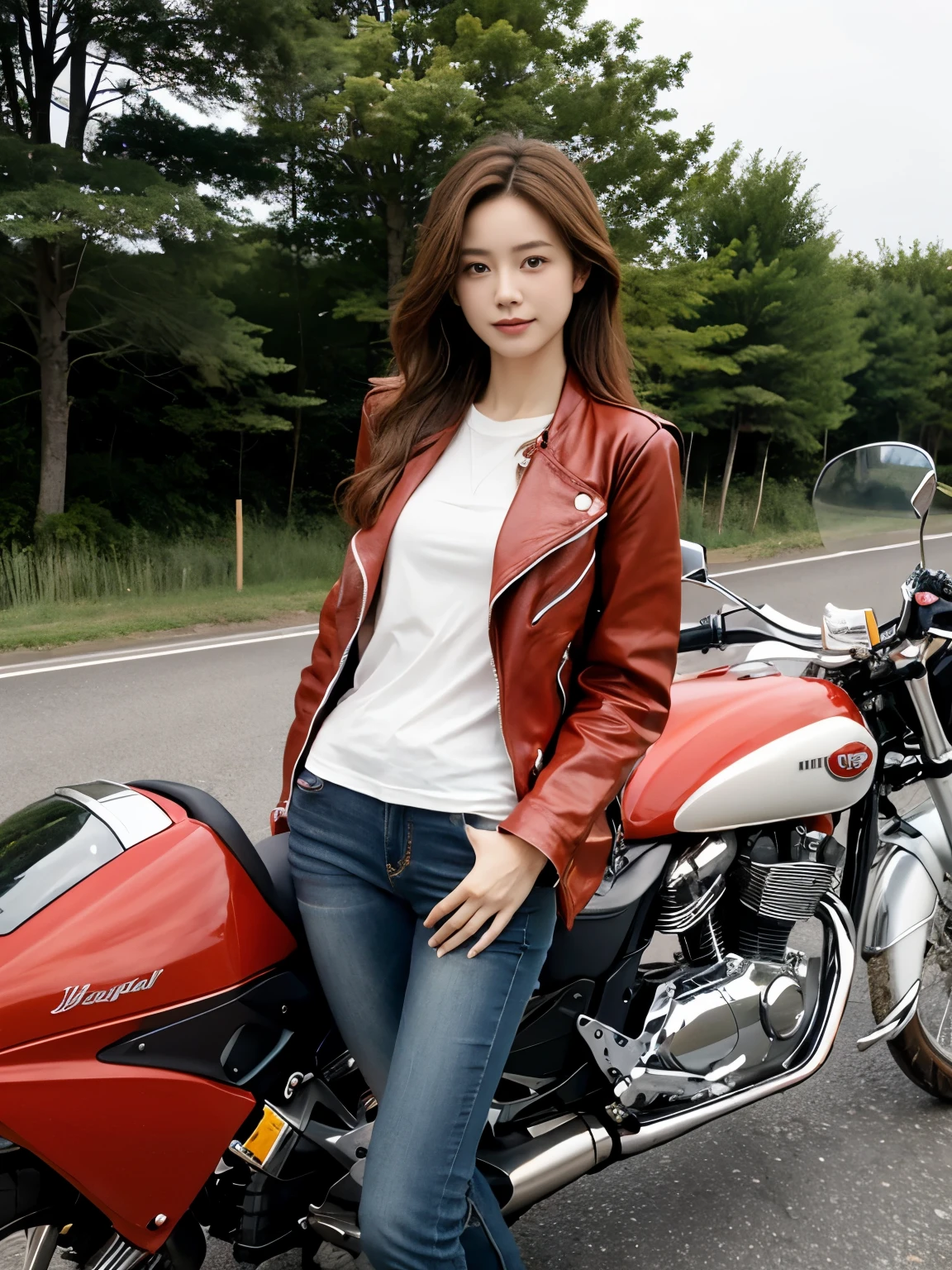 Super detailed, High resolution, (realistic, Photoreal:1.4), 8K, RAW photo, (masterpiece), (highest quality), (The details are very fine)、Physically based rendering, ((((ride a motorcycle))))、Female college student, long brown hair, Korea,  smile、((long legs))、slender body、red jacket、long pants